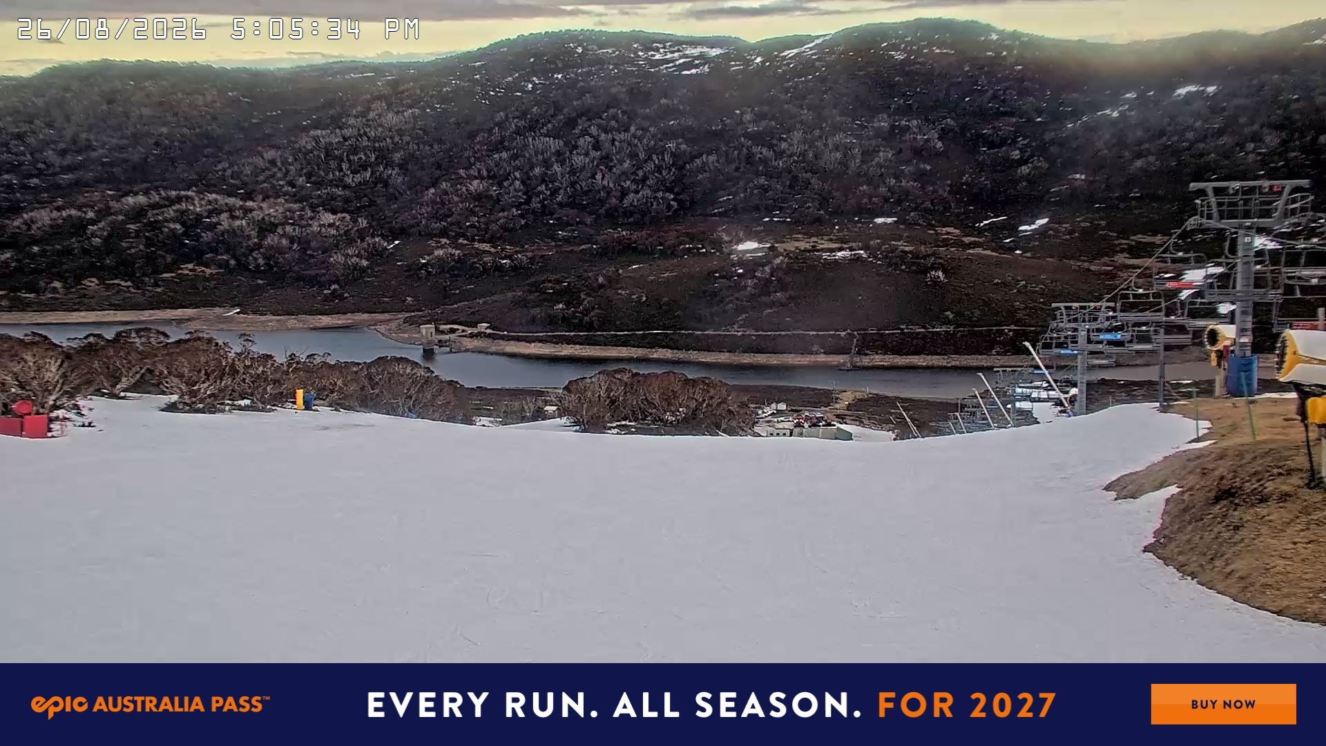Falls Creek Main Street snow cam captured at 26 August 2026 at 5:11 pm AEST