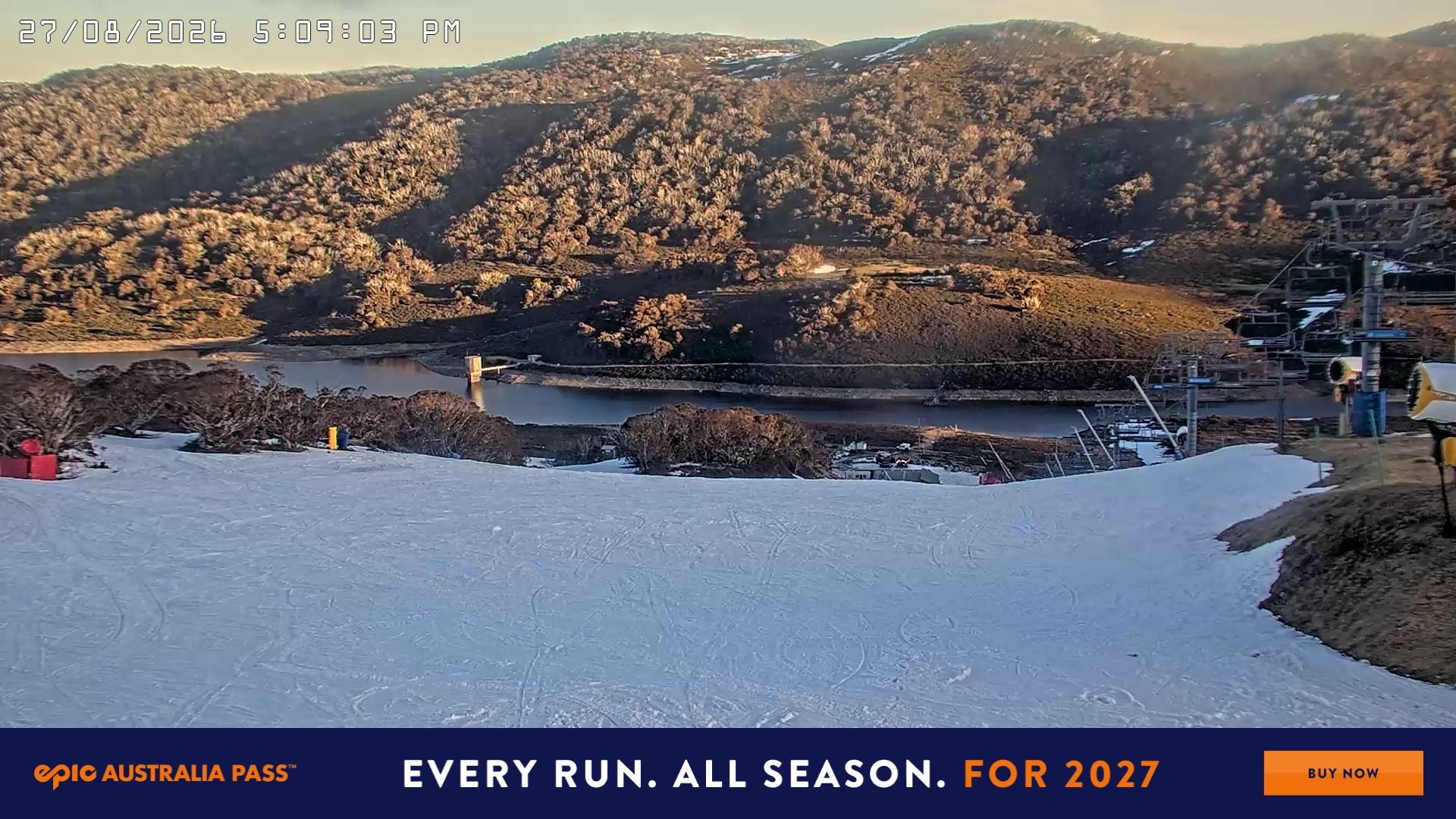 Falls Creek Main Street snow cam captured at 27 August 2026 at 5:12 pm AEST