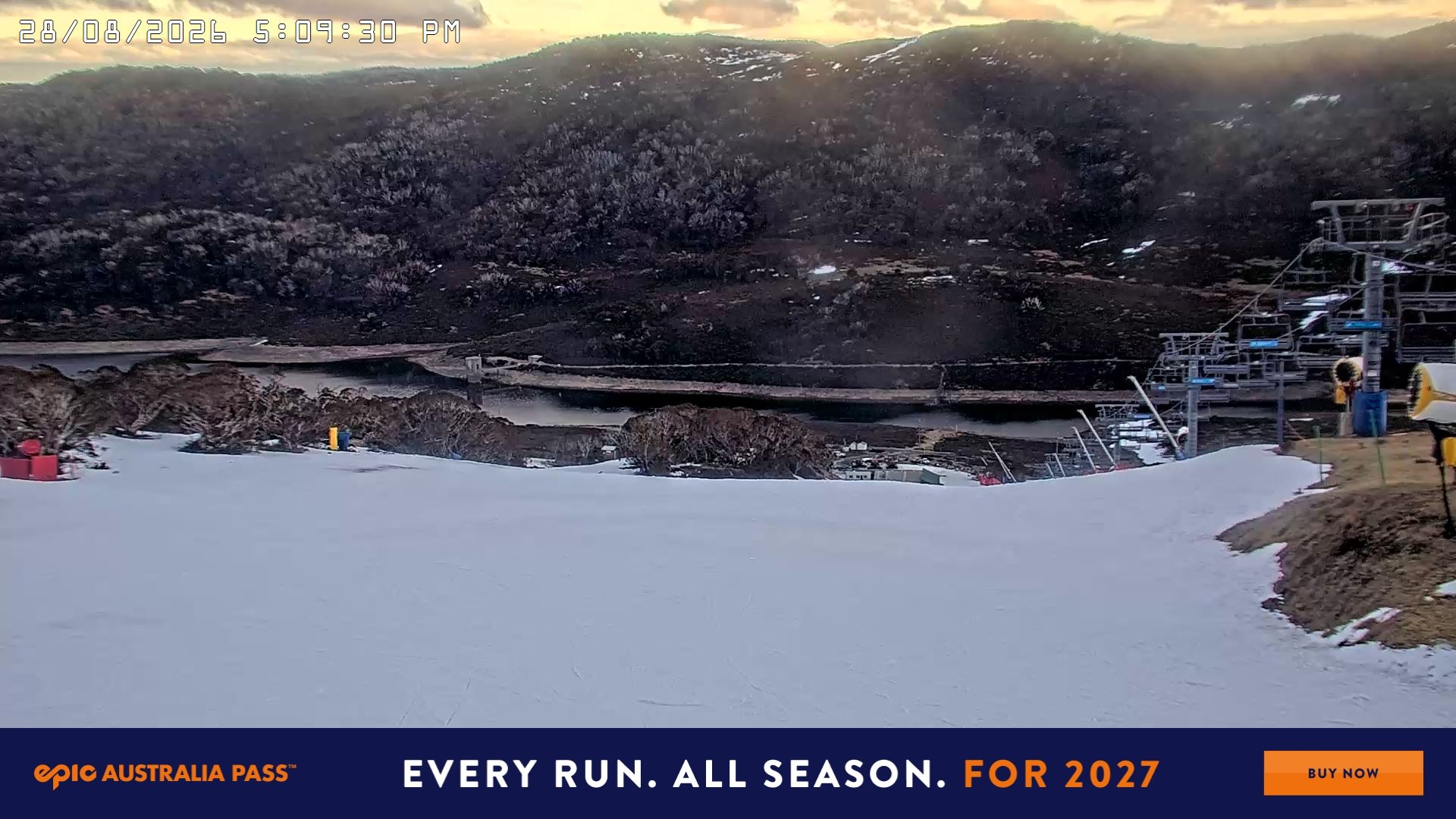Falls Creek Main Street snow cam captured at 28 August 2026 at 5:13 pm AEST