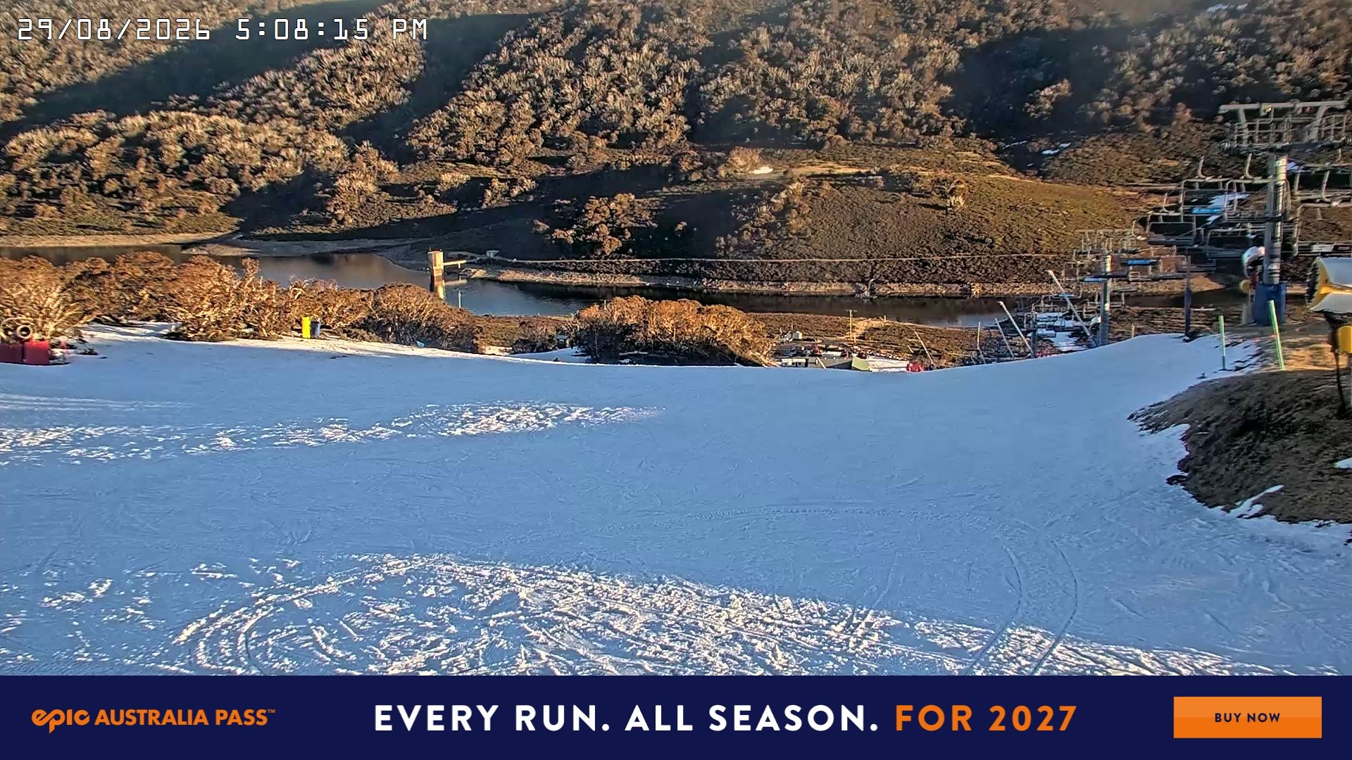 Falls Creek Main Street snow cam captured at 29 August 2026 at 5:14 pm AEST