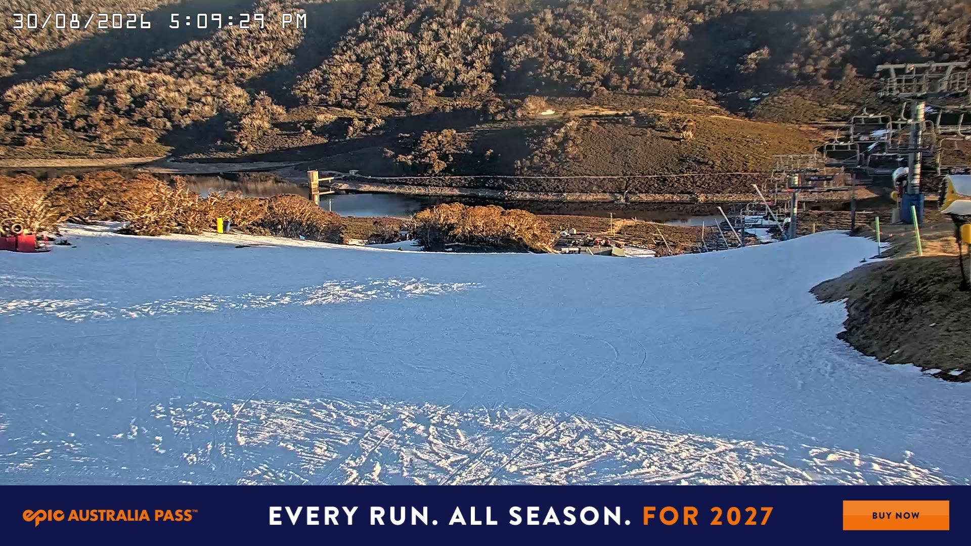 Falls Creek Main Street snow cam captured at 30 August 2026 at 5:15 pm AEST