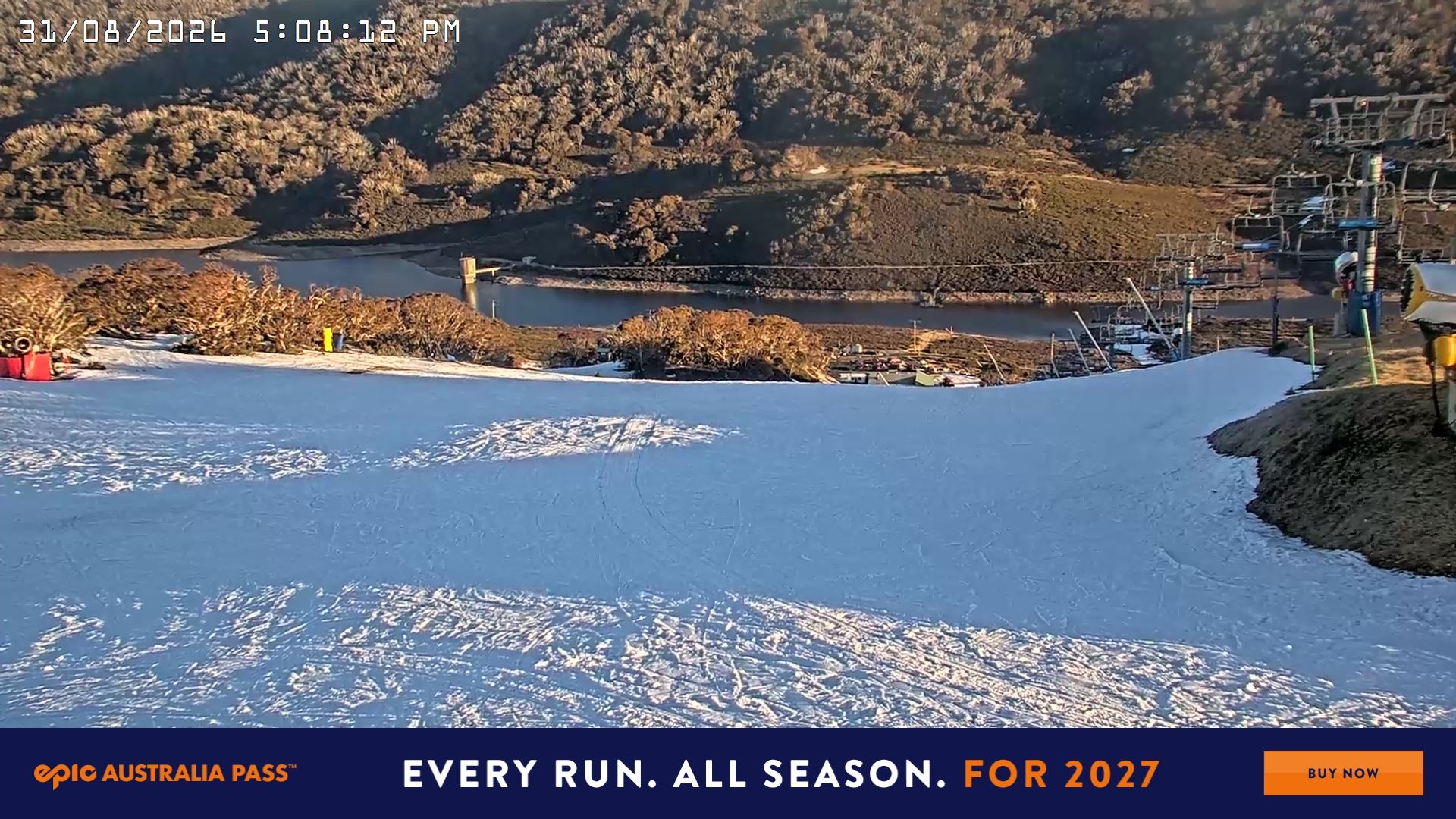 Falls Creek Main Street snow cam captured at 31 August 2026 at 5:16 pm AEST