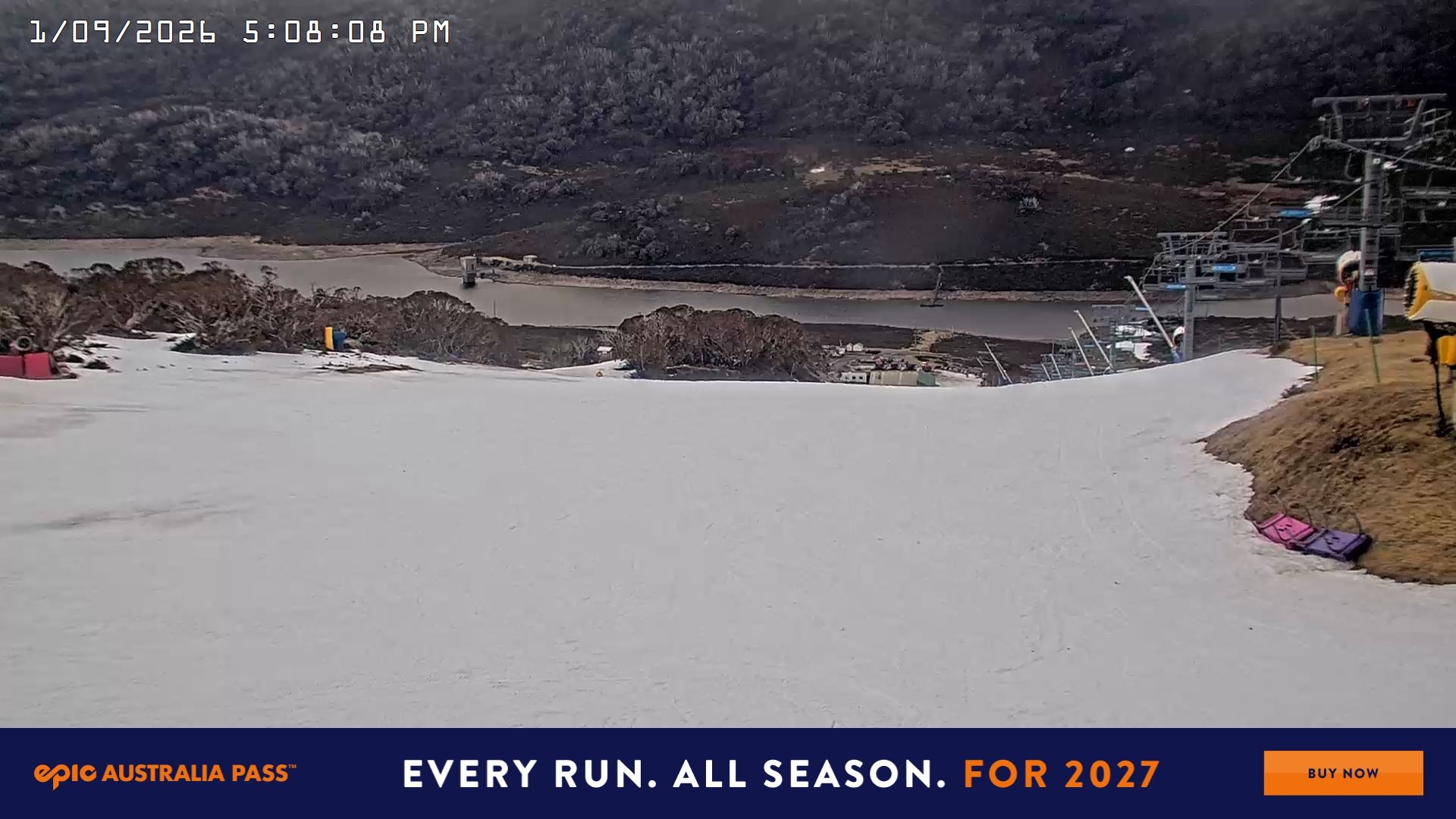 Falls Creek Main Street snow cam captured at 1 September 2026 at 5:41 pm AEST