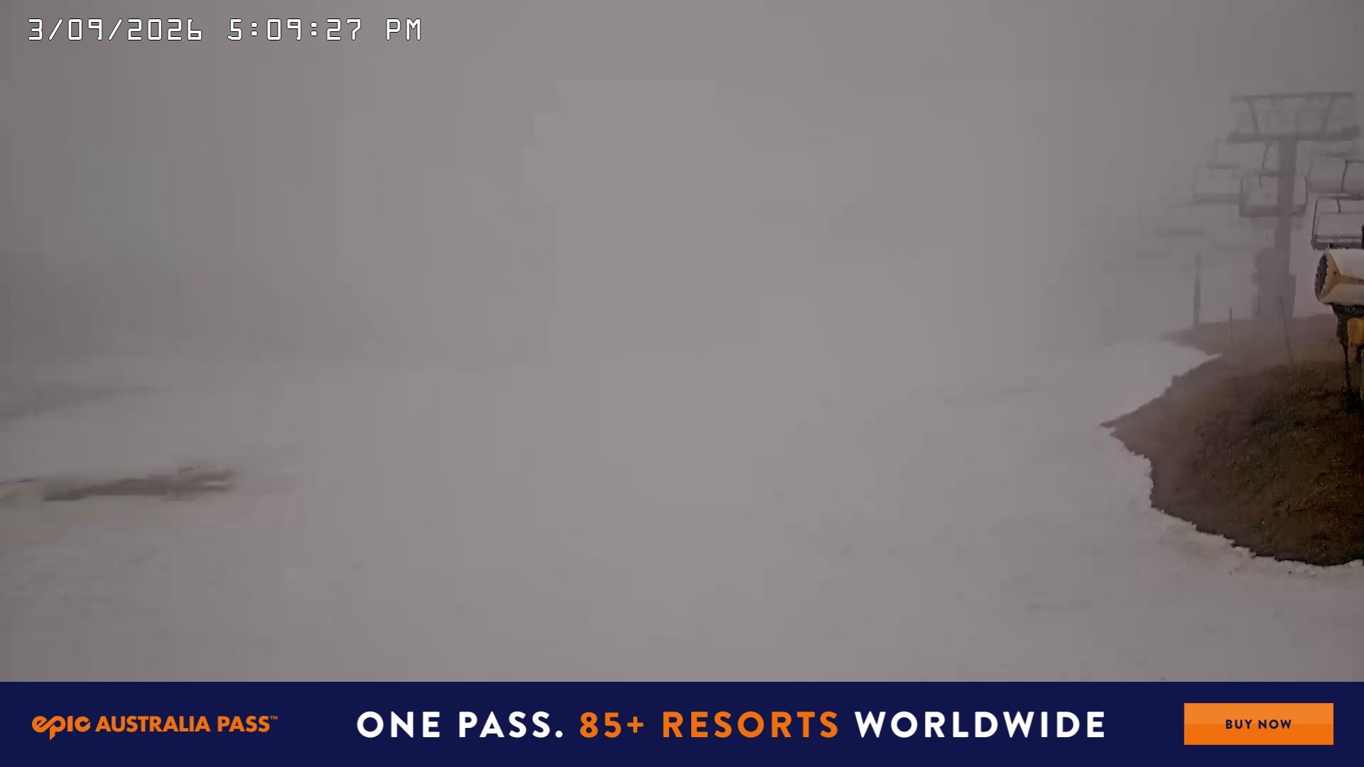 Falls Creek Main Street snow cam captured at 3 September 2026 at 5:18 pm AEST