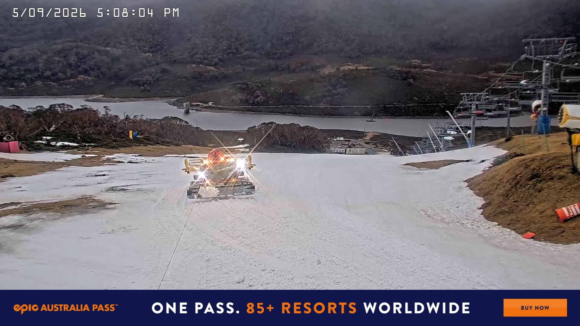 Falls Creek Main Street snow cam captured at 5 September 2026 at 5:14 pm AEST