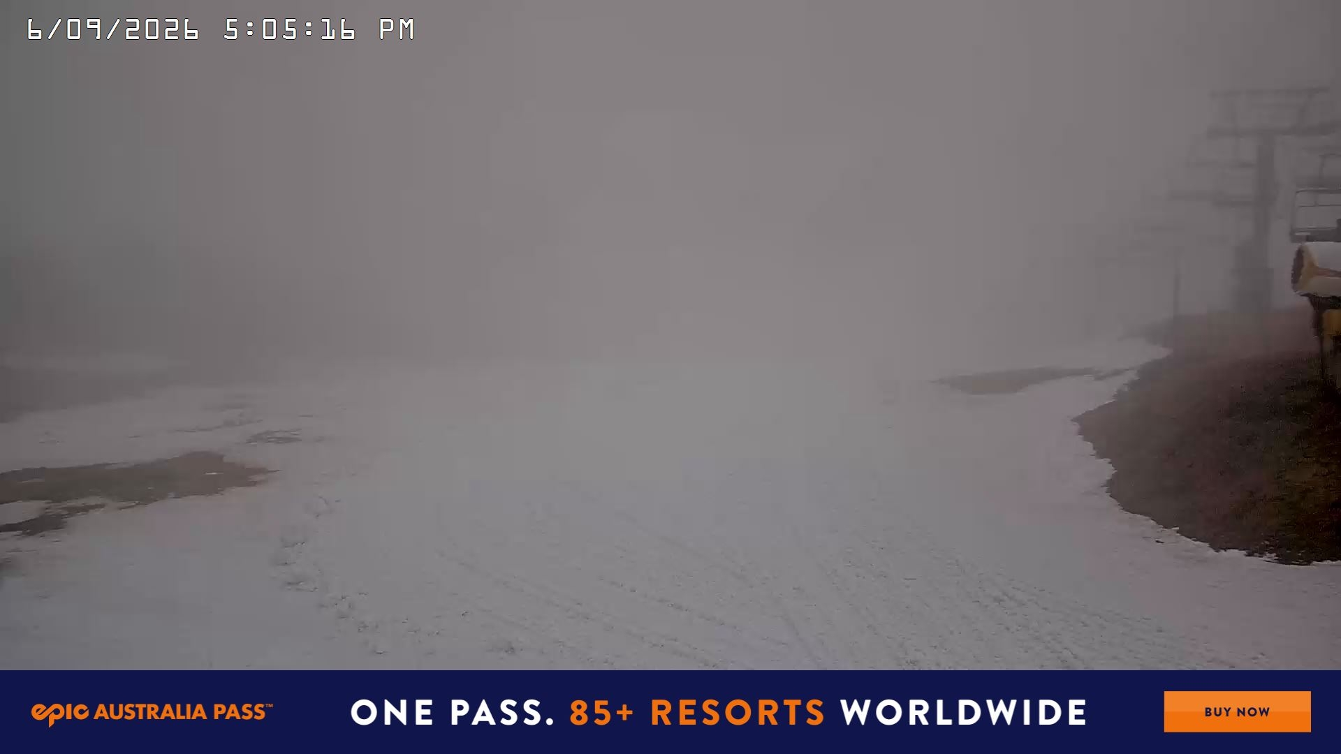 Falls Creek Main Street snow cam captured at 6 September 2026 at 5:18 pm AEST