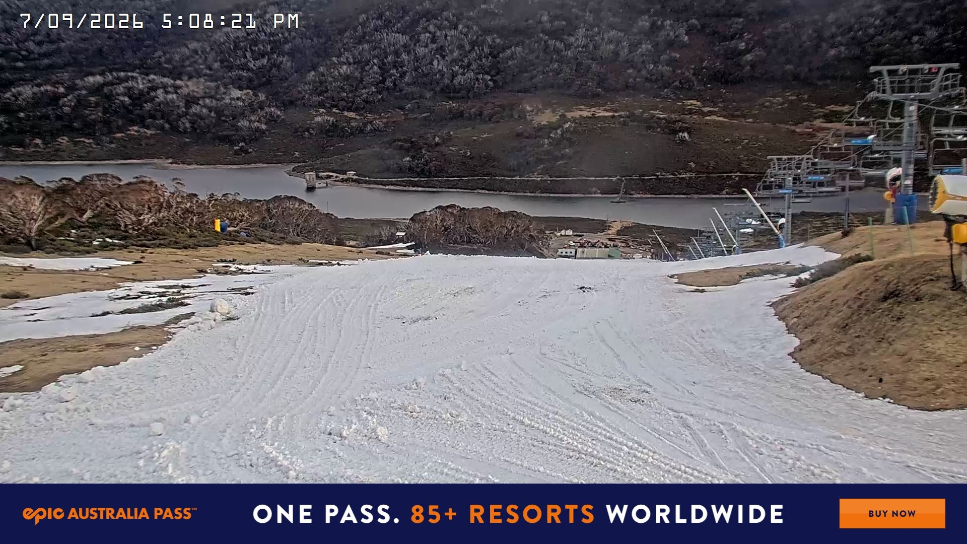 Falls Creek Main Street snow cam captured at 7 September 2026 at 5:15 pm AEST