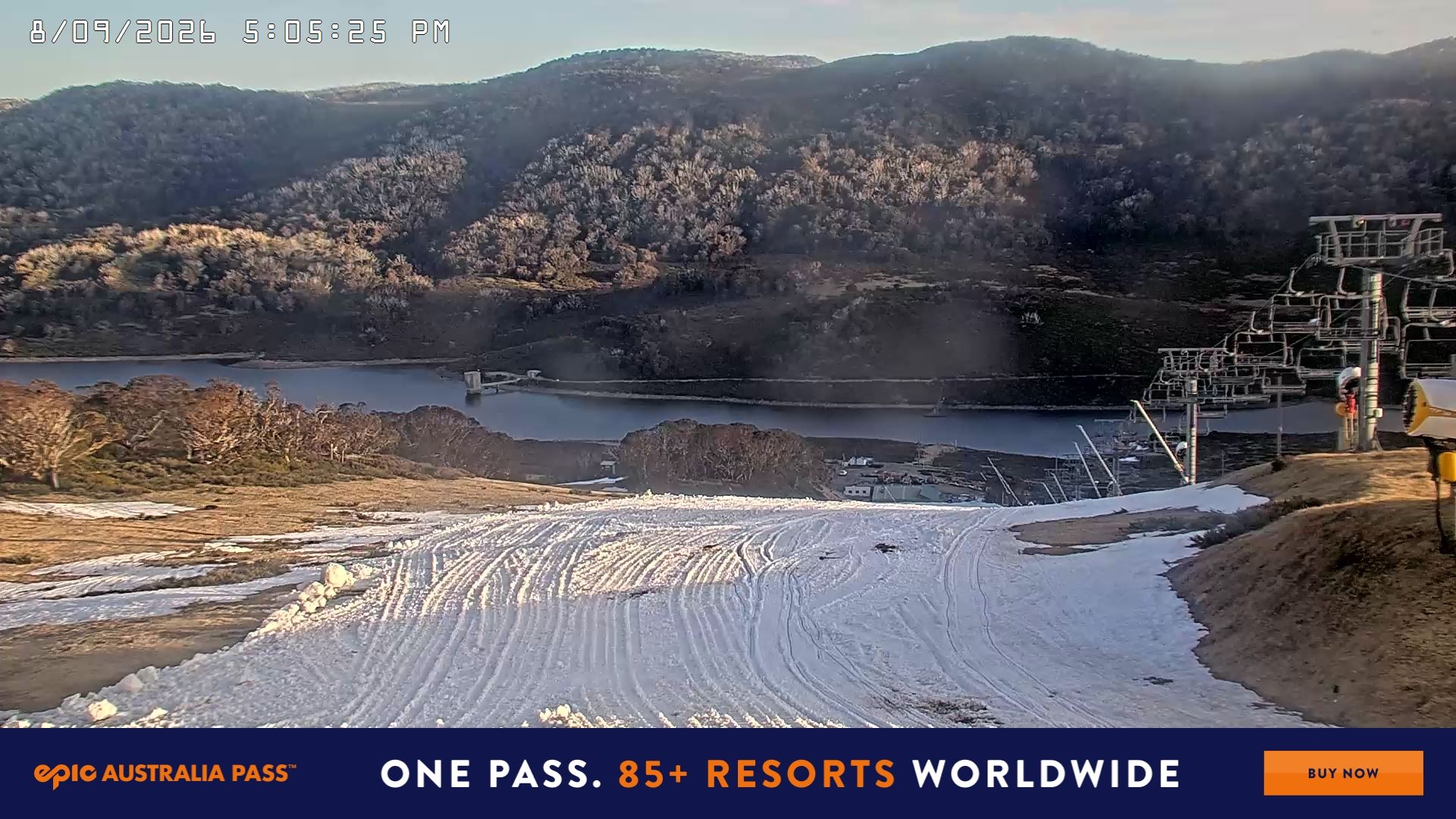 Falls Creek Main Street snow cam captured at 8 September 2026 at 5:11 pm AEST