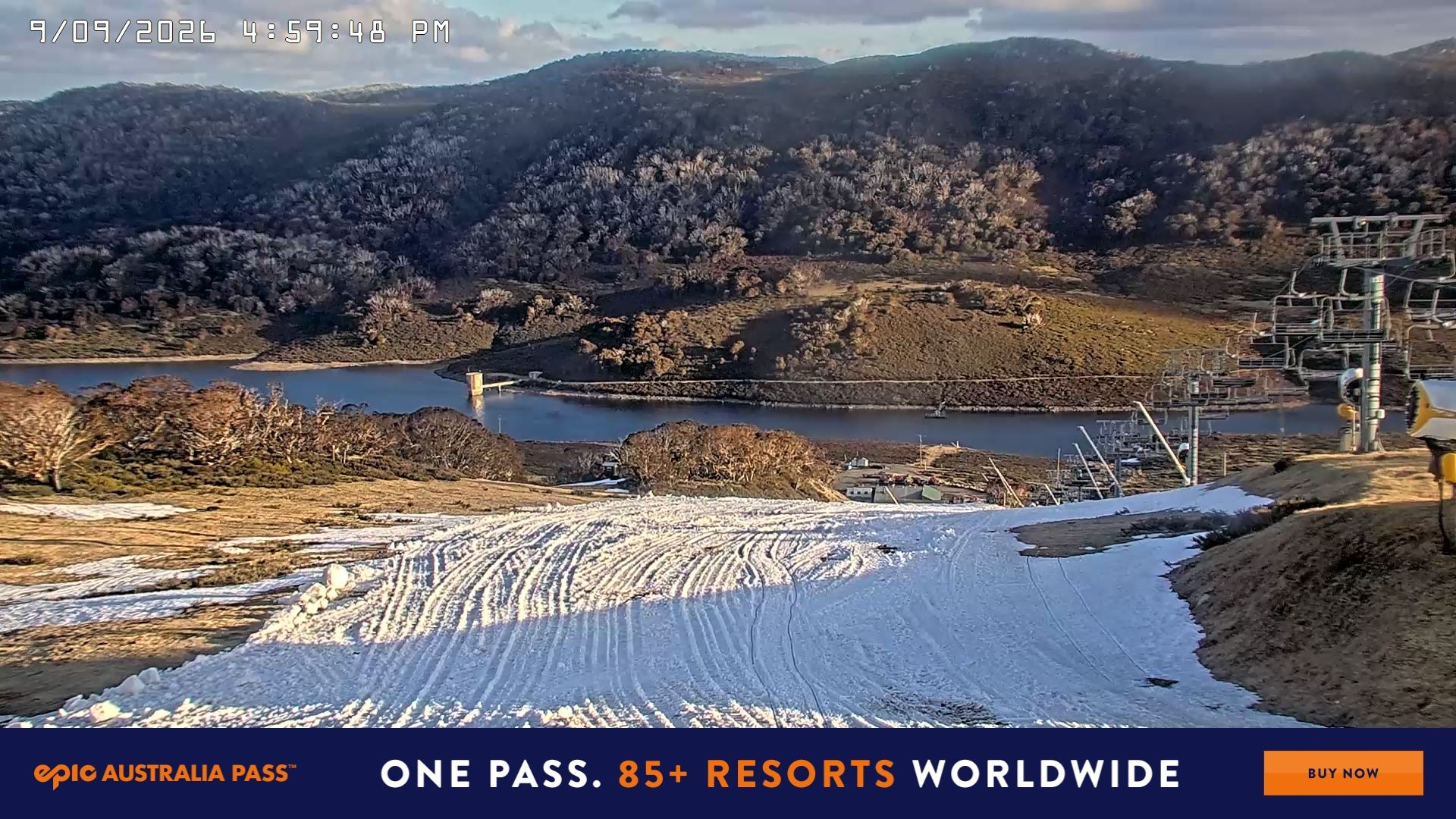 Falls Creek Main Street snow cam captured at 9 September 2026 at 5:01 pm AEST