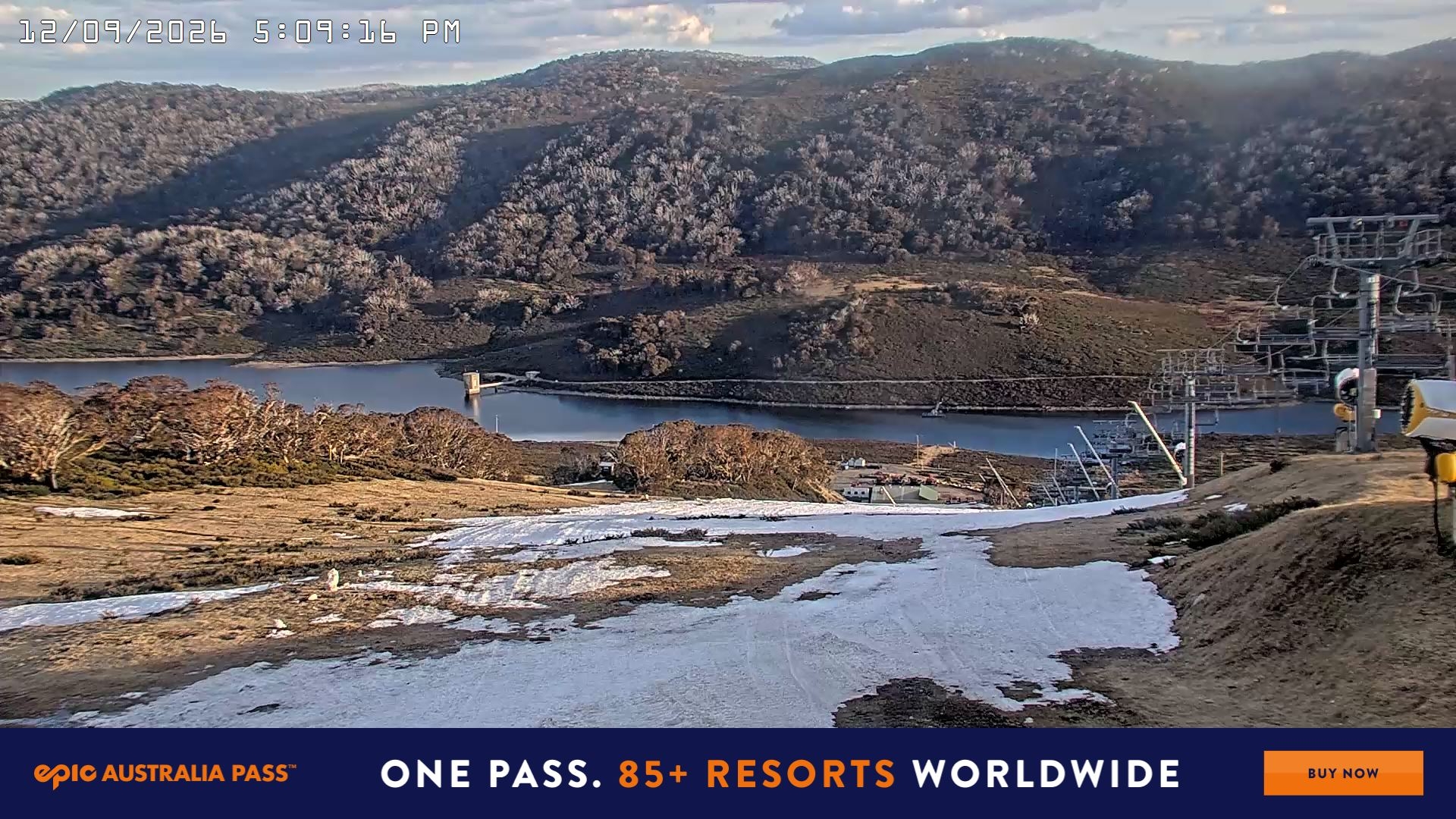 Falls Creek Main Street snow cam captured at 12 September 2026 at 5:11 pm AEST