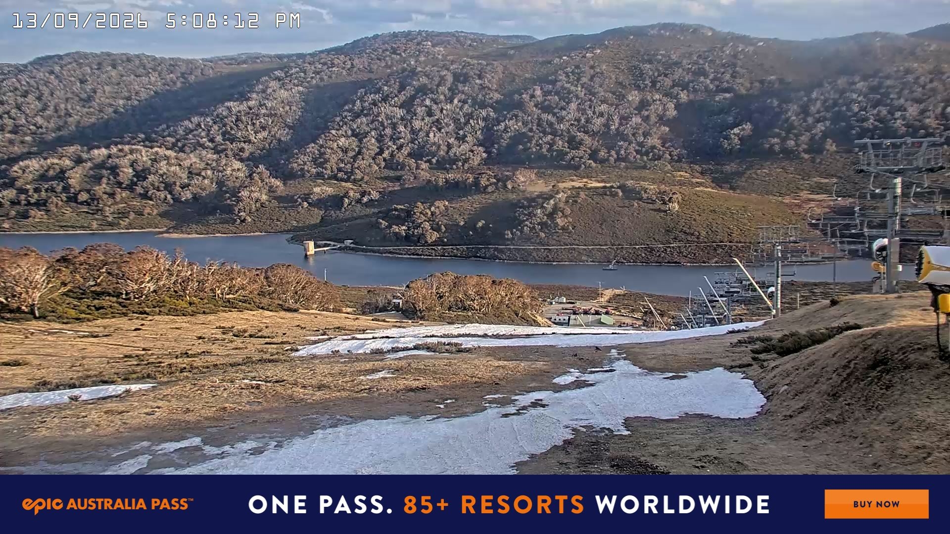 Falls Creek Main Street snow cam captured at 13 September 2026 at 5:13 pm AEST