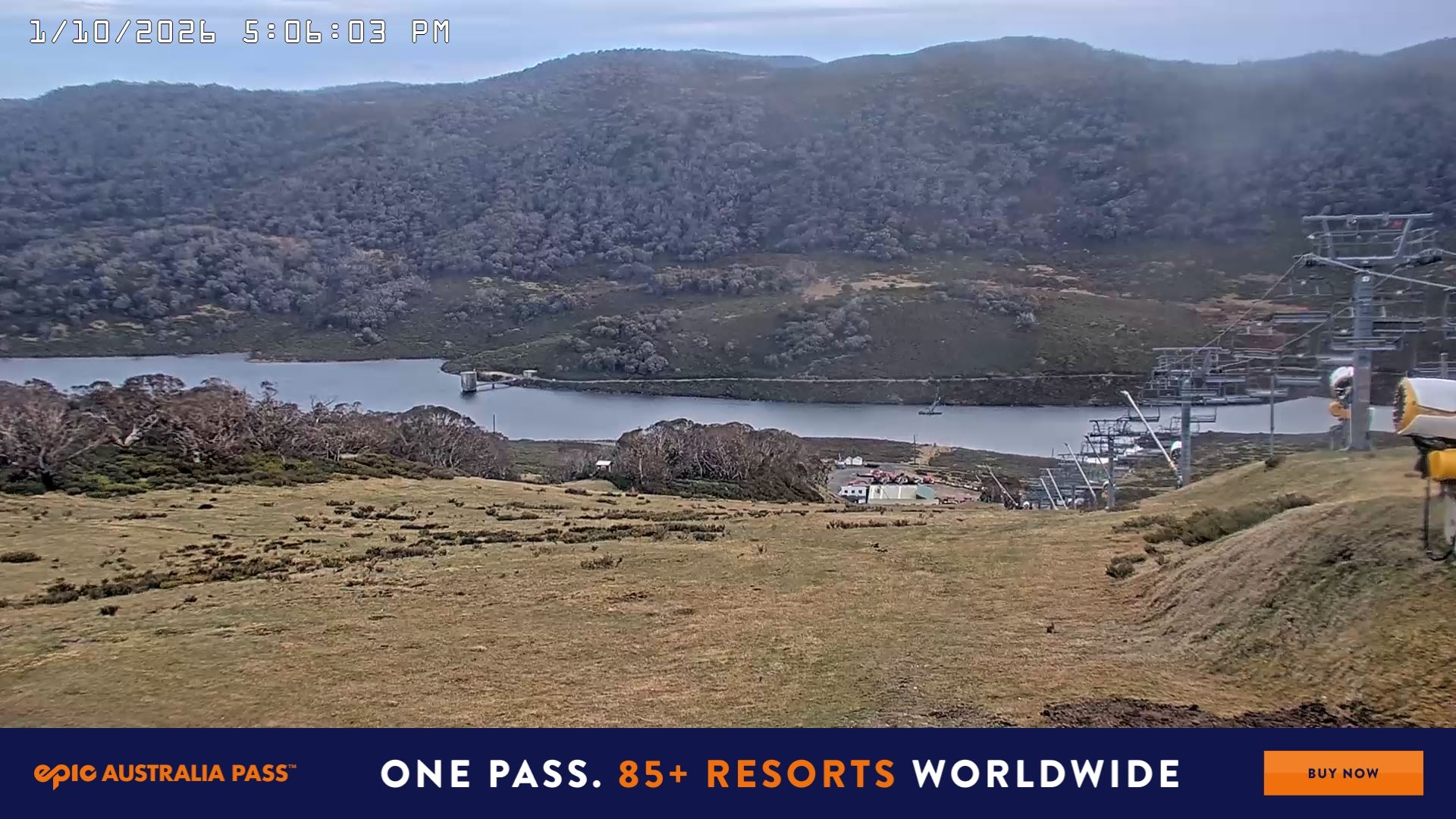 Falls Creek Main Street snow cam captured at 1 October 2026 at 5:18 pm AEST