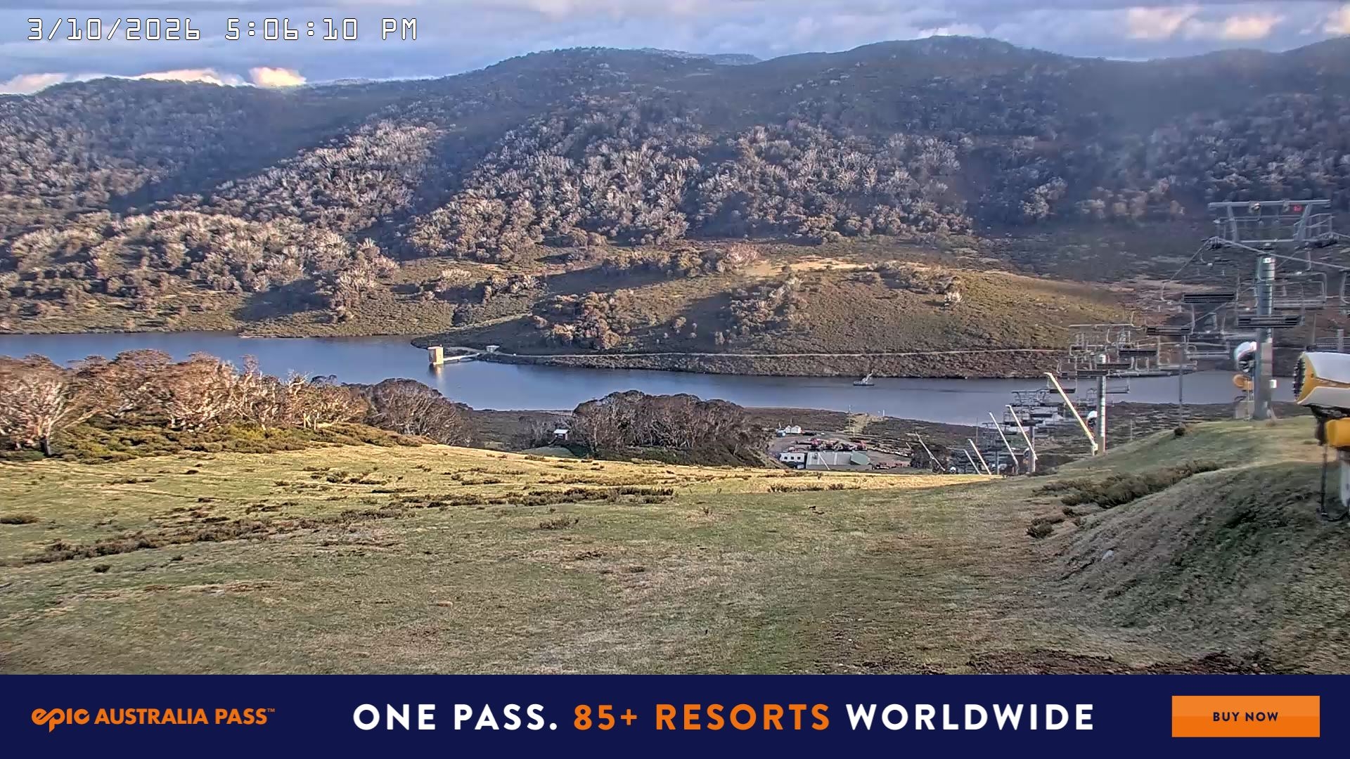 Falls Creek Main Street snow cam captured at 3 October 2026 at 5:21 pm AEST
