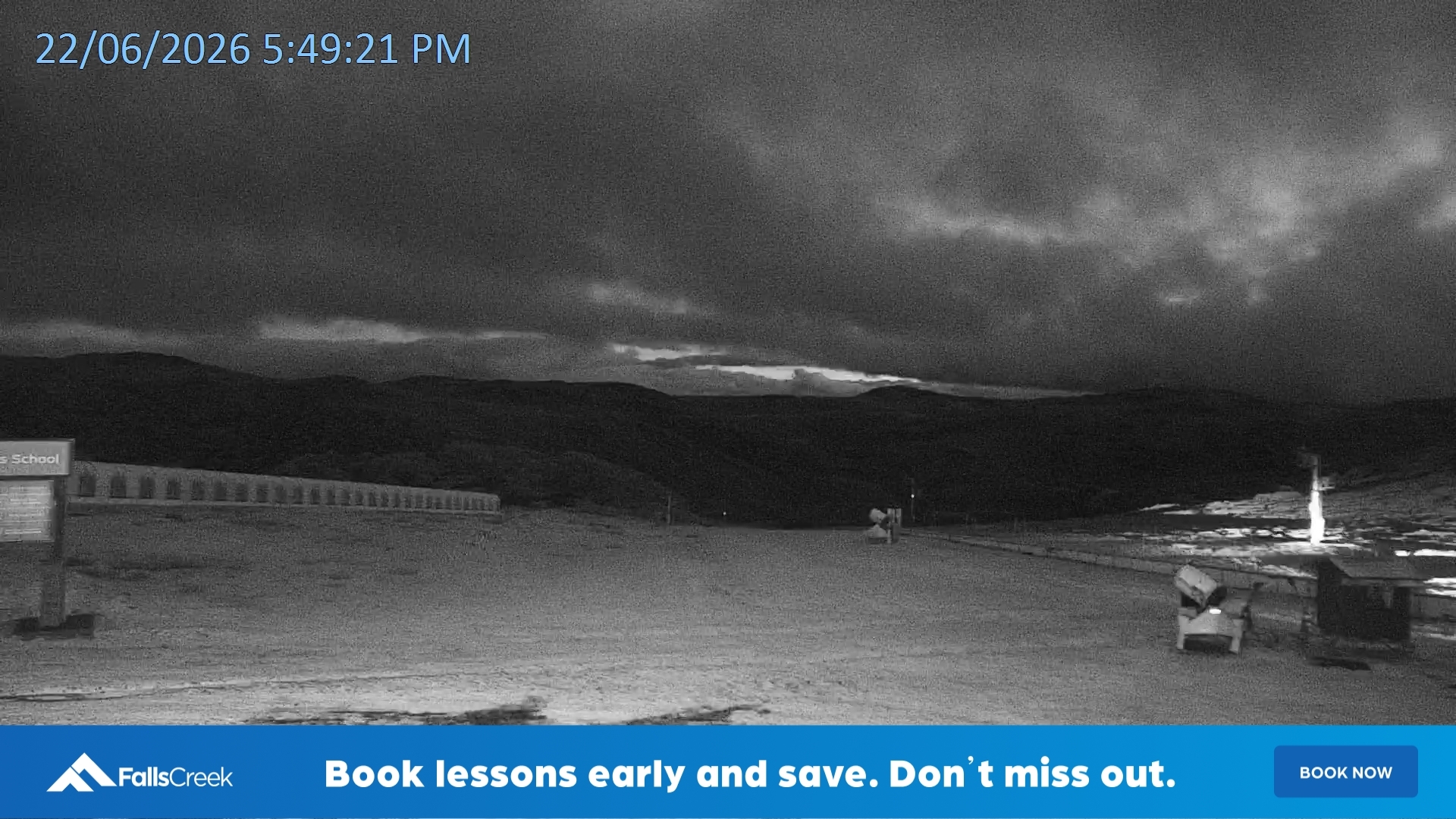 Falls Creek Mouse Trap snow cam captured at 22 June 2026 at 5:52 pm AEST