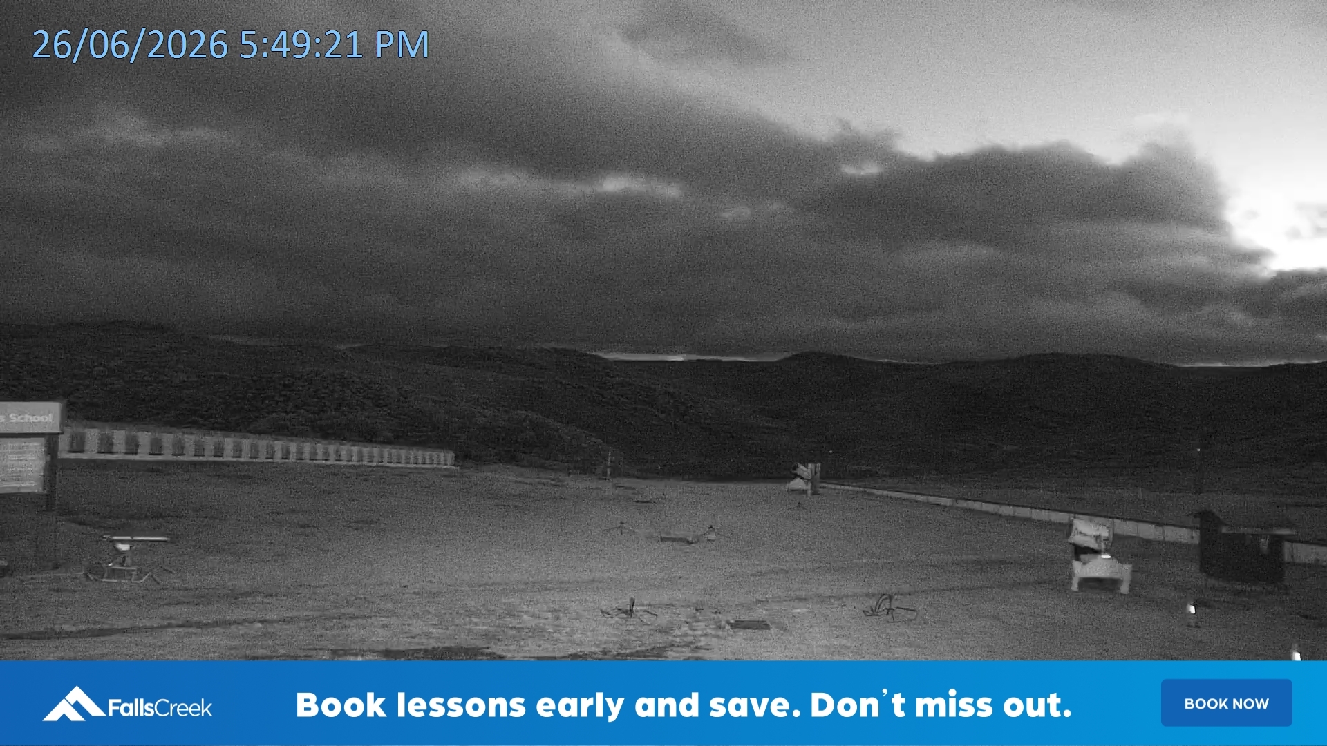 Falls Creek Mouse Trap snow cam captured at 26 June 2026 at 5:52 pm AEST