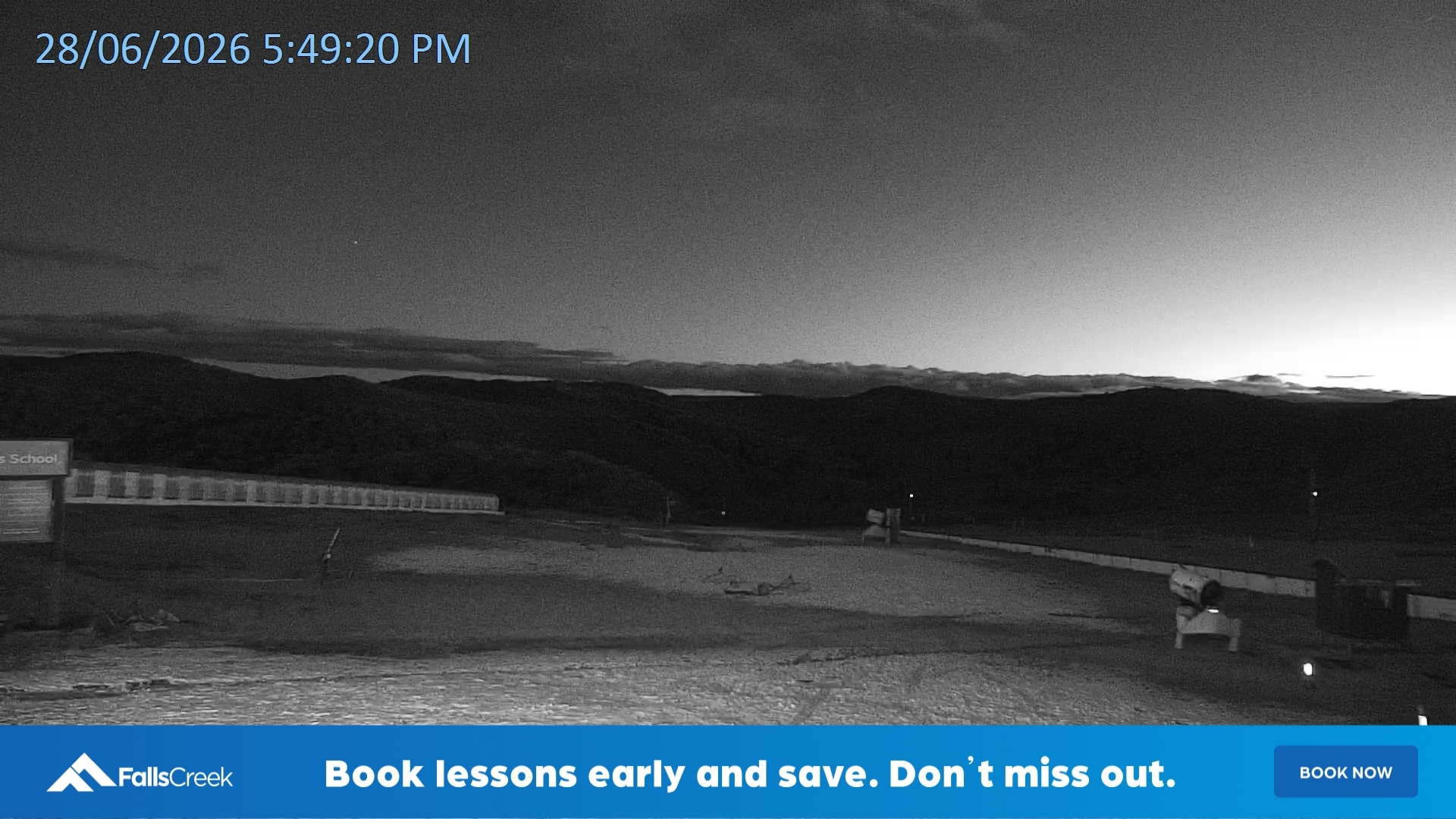Falls Creek Mouse Trap snow cam captured at 28 June 2026 at 5:55 pm AEST