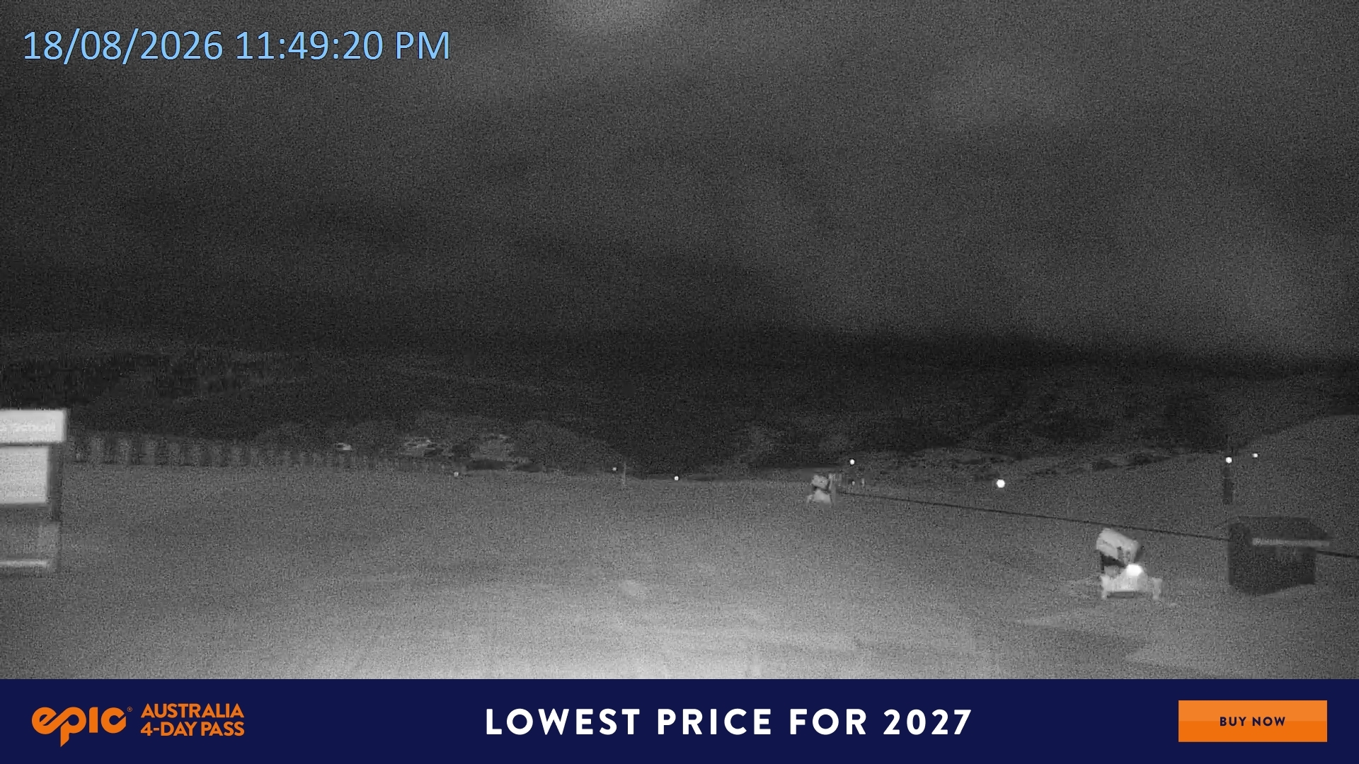 Falls Creek Mouse Trap snow cam captured at 18 August 2026 at 11:58 pm AEST