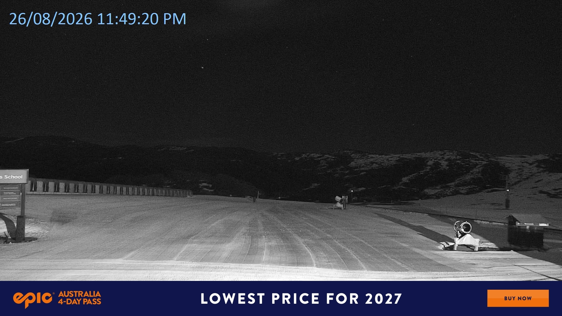 Falls Creek Mouse Trap snow cam captured at 26 August 2026 at 11:58 pm AEST