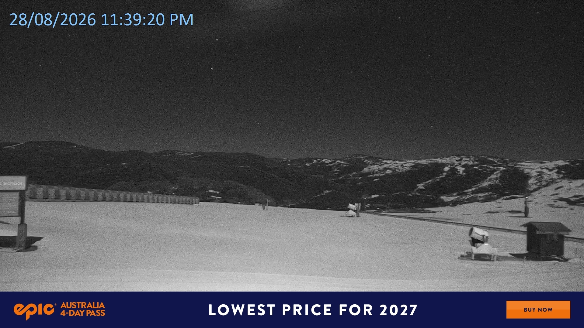 Falls Creek Mouse Trap snow cam captured at 28 August 2026 at 11:49 pm AEST