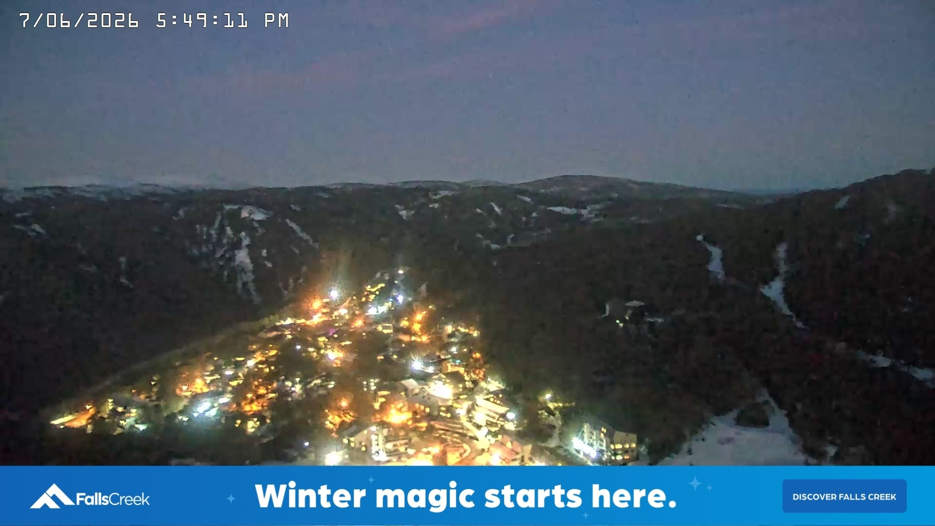 Falls Creek Village View snow cam captured at 7 June 2026 at 11:05 pm AEST