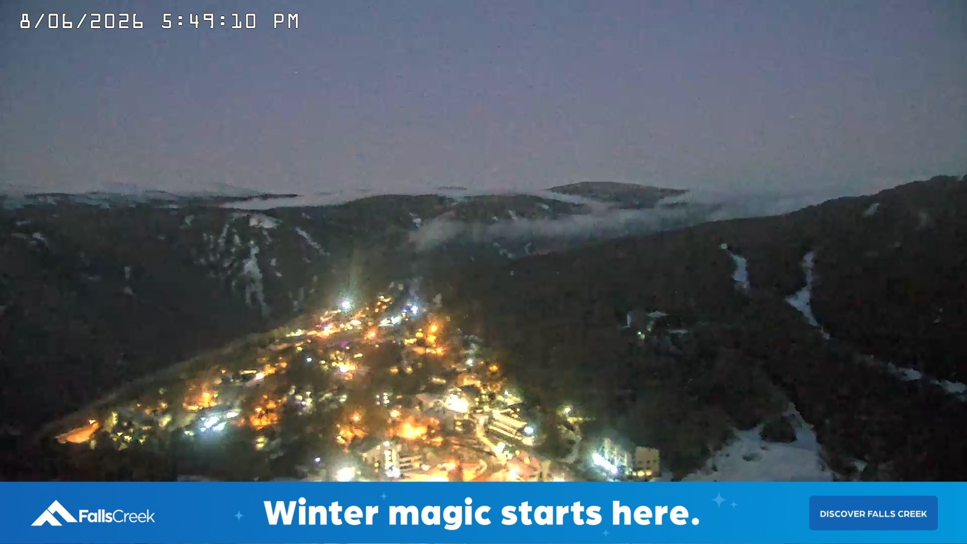 Falls Creek Village View snow cam captured at 8 June 2026 at 6:22 pm AEST