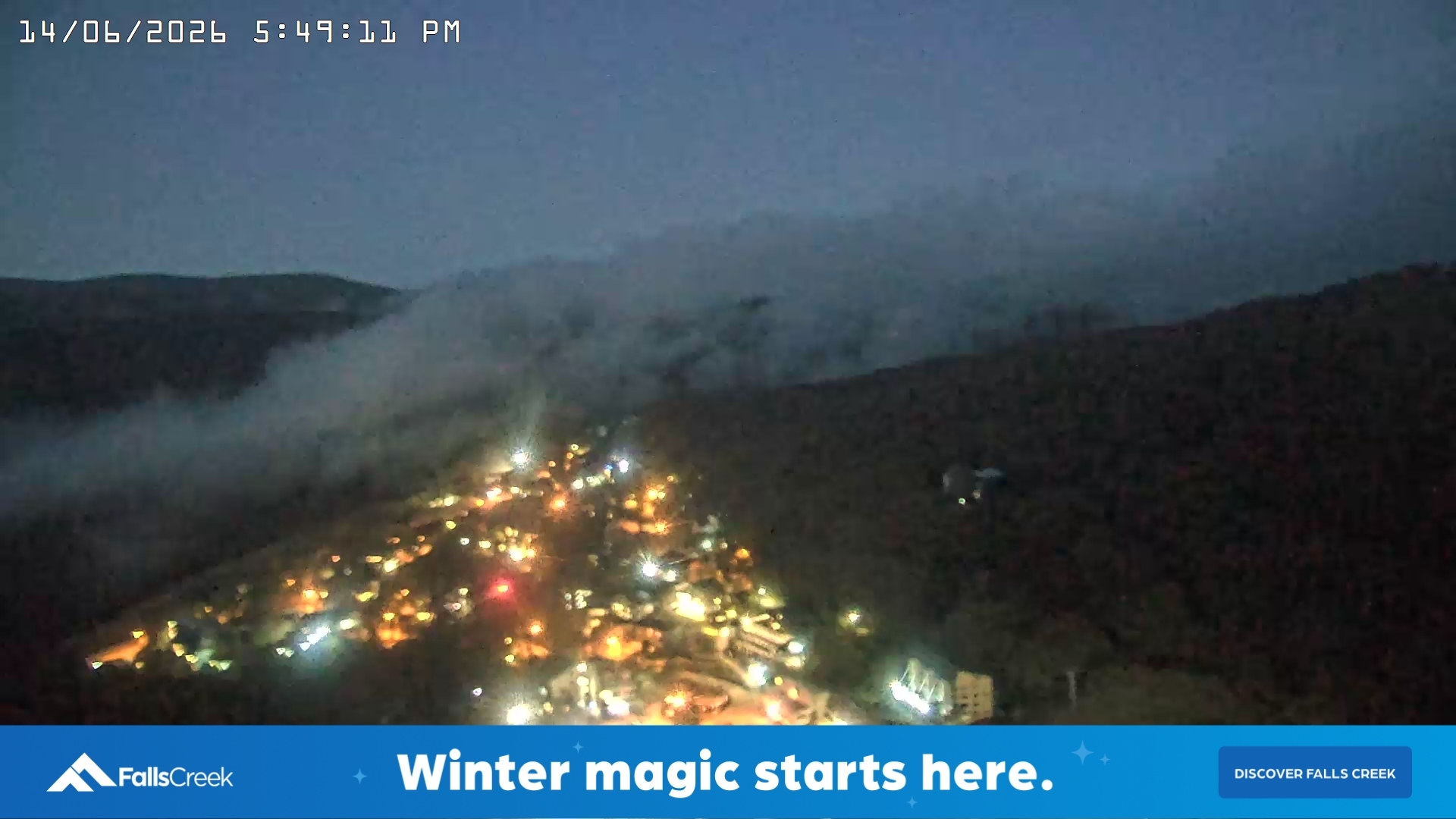 Falls Creek Village View snow cam captured at 14 June 2026 at 5:53 pm AEST