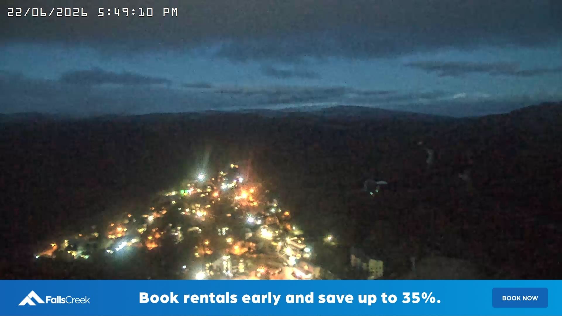 Falls Creek Village View snow cam captured at 22 June 2026 at 5:52 pm AEST
