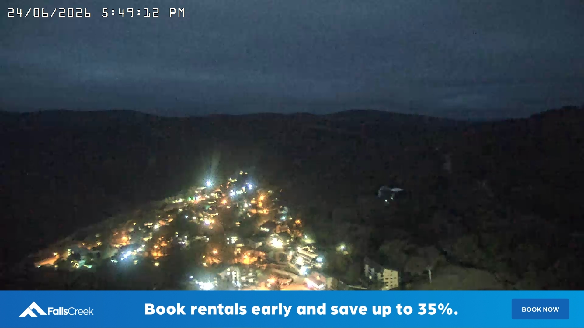 Falls Creek Village View snow cam captured at 24 June 2026 at 5:52 pm AEST