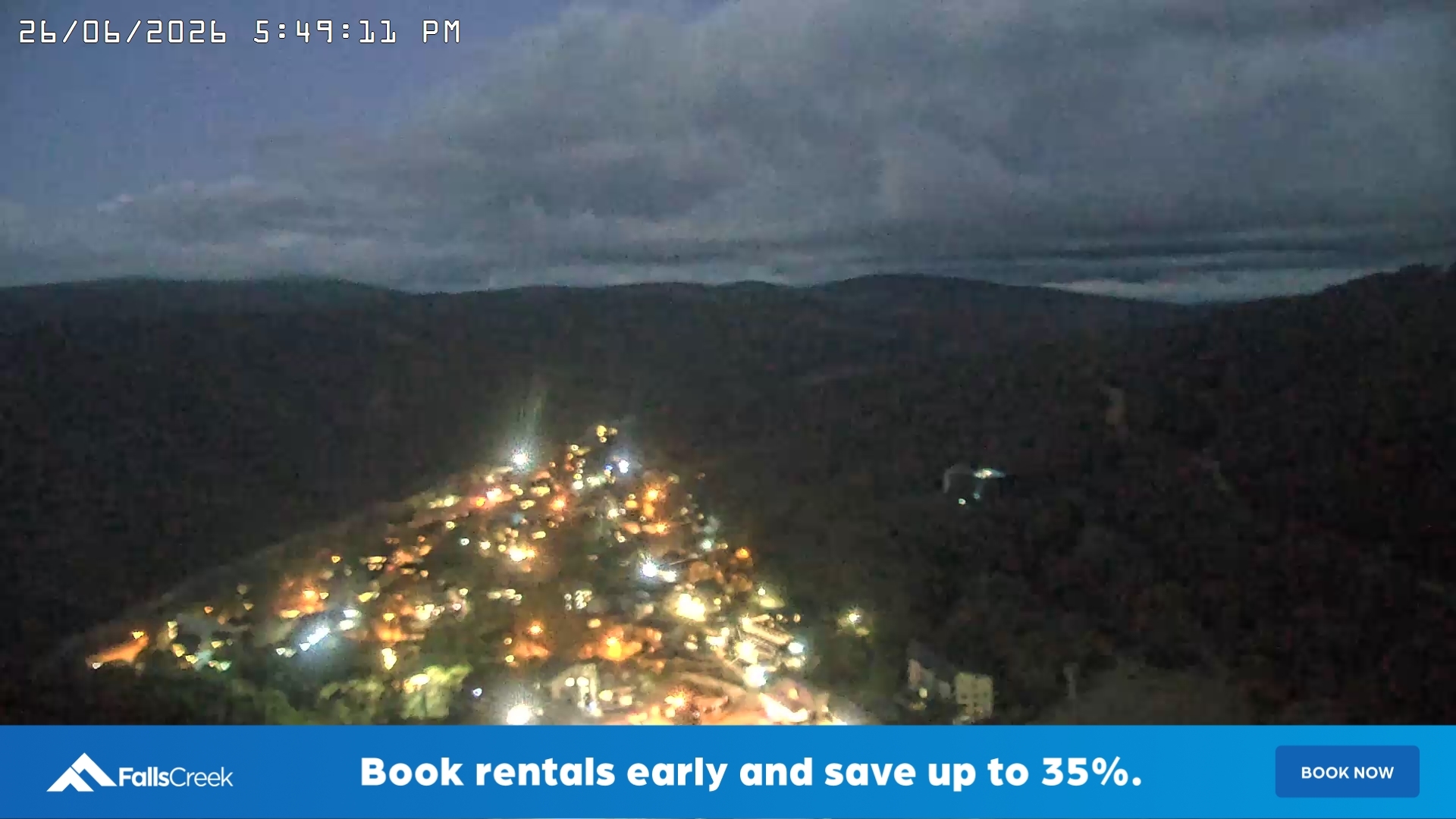 Falls Creek Village View snow cam captured at 26 June 2026 at 5:52 pm AEST