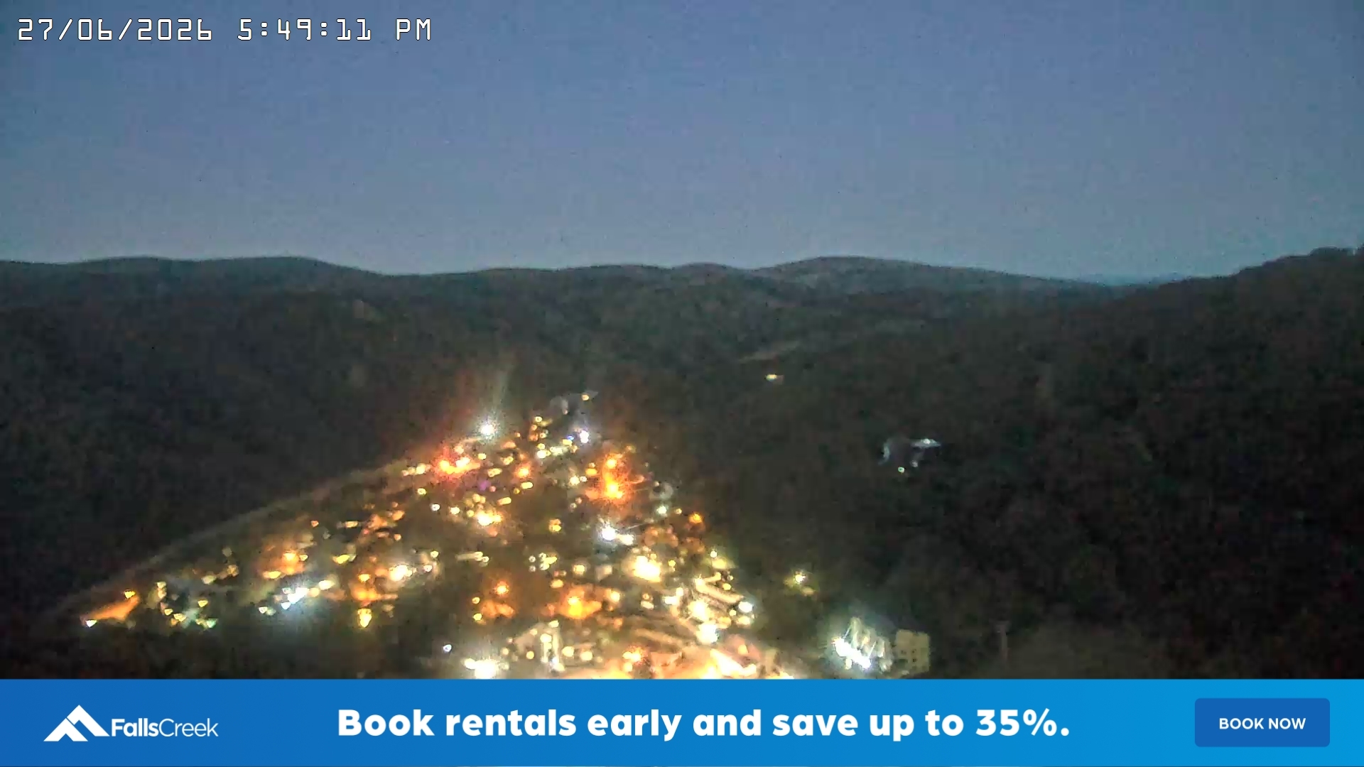 Falls Creek Village View snow cam captured at 27 June 2026 at 5:50 pm AEST