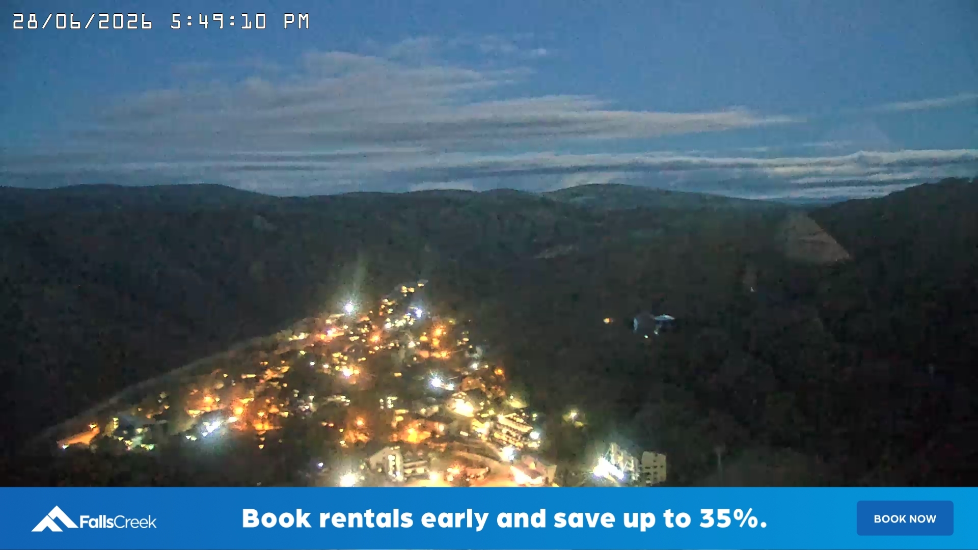 Falls Creek Village View snow cam captured at 28 June 2026 at 5:55 pm AEST
