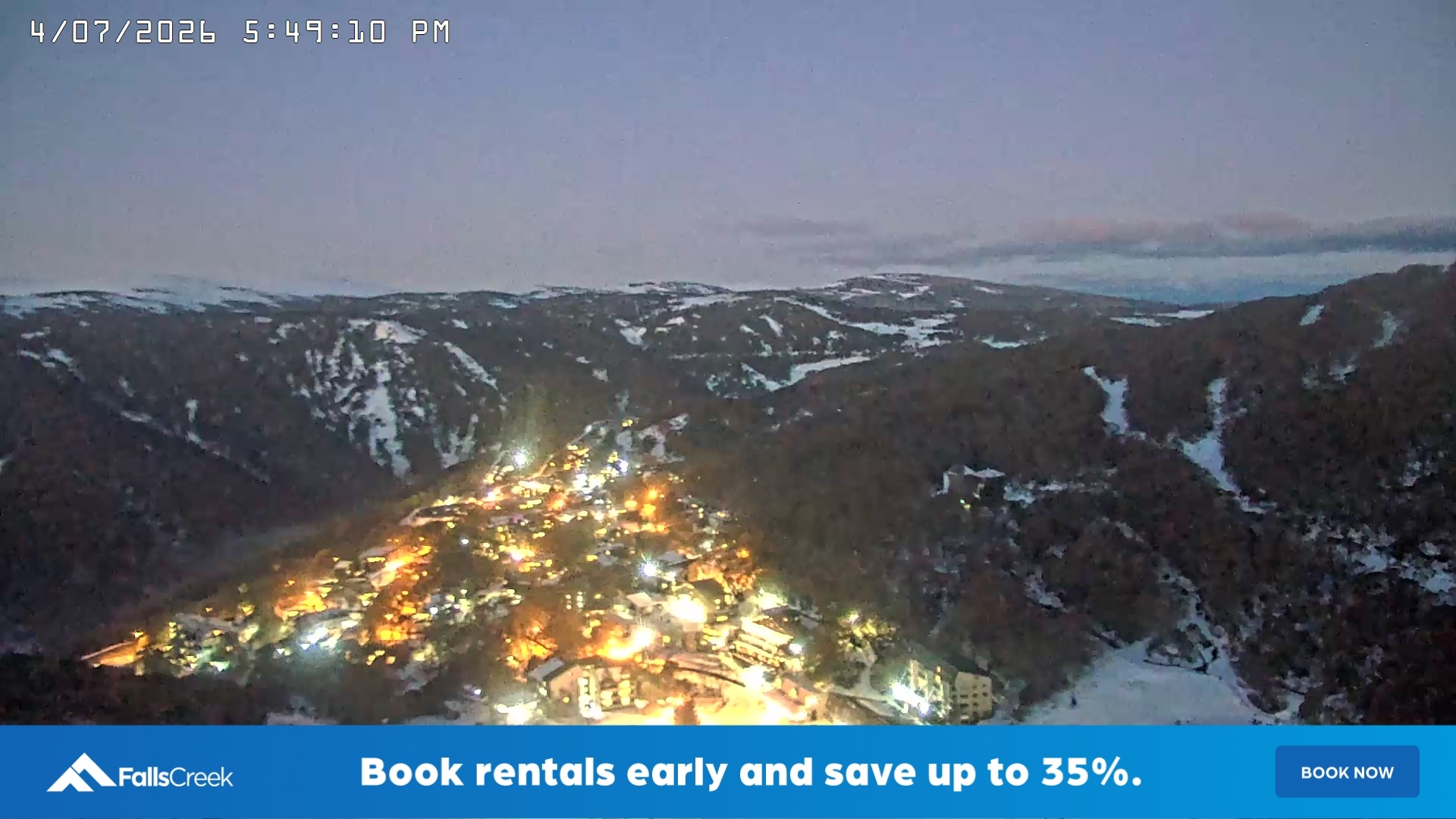 Falls Creek Village View snow cam captured at 4 July 2026 at 5:51 pm AEST