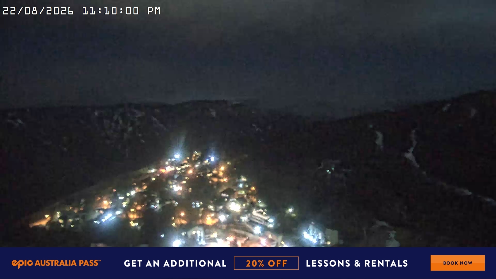 Falls Creek Village View snow cam captured at 22 August 2026 at 11:20 pm AEST