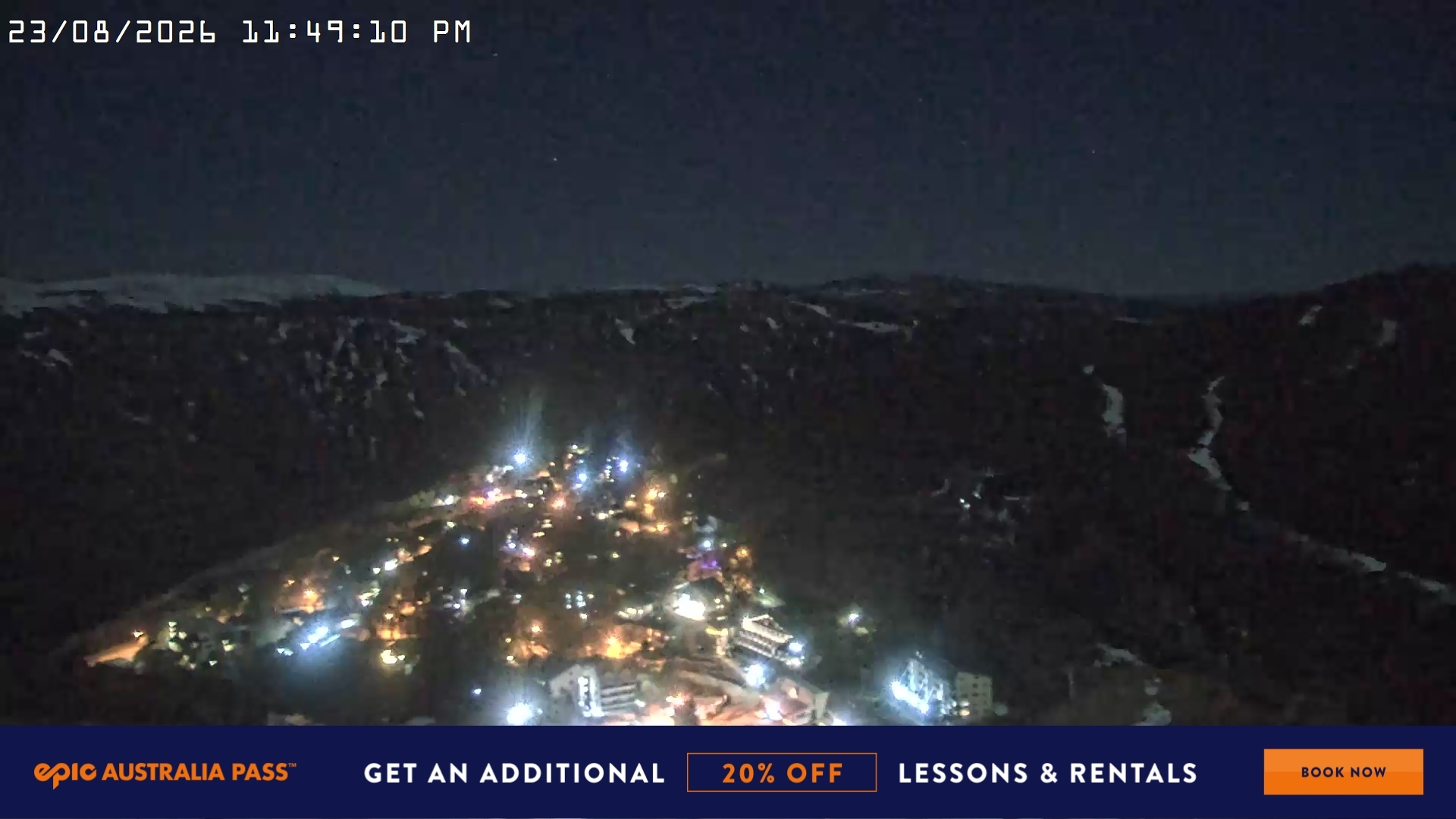 Falls Creek Village View snow cam captured at 23 August 2026 at 11:54 pm AEST