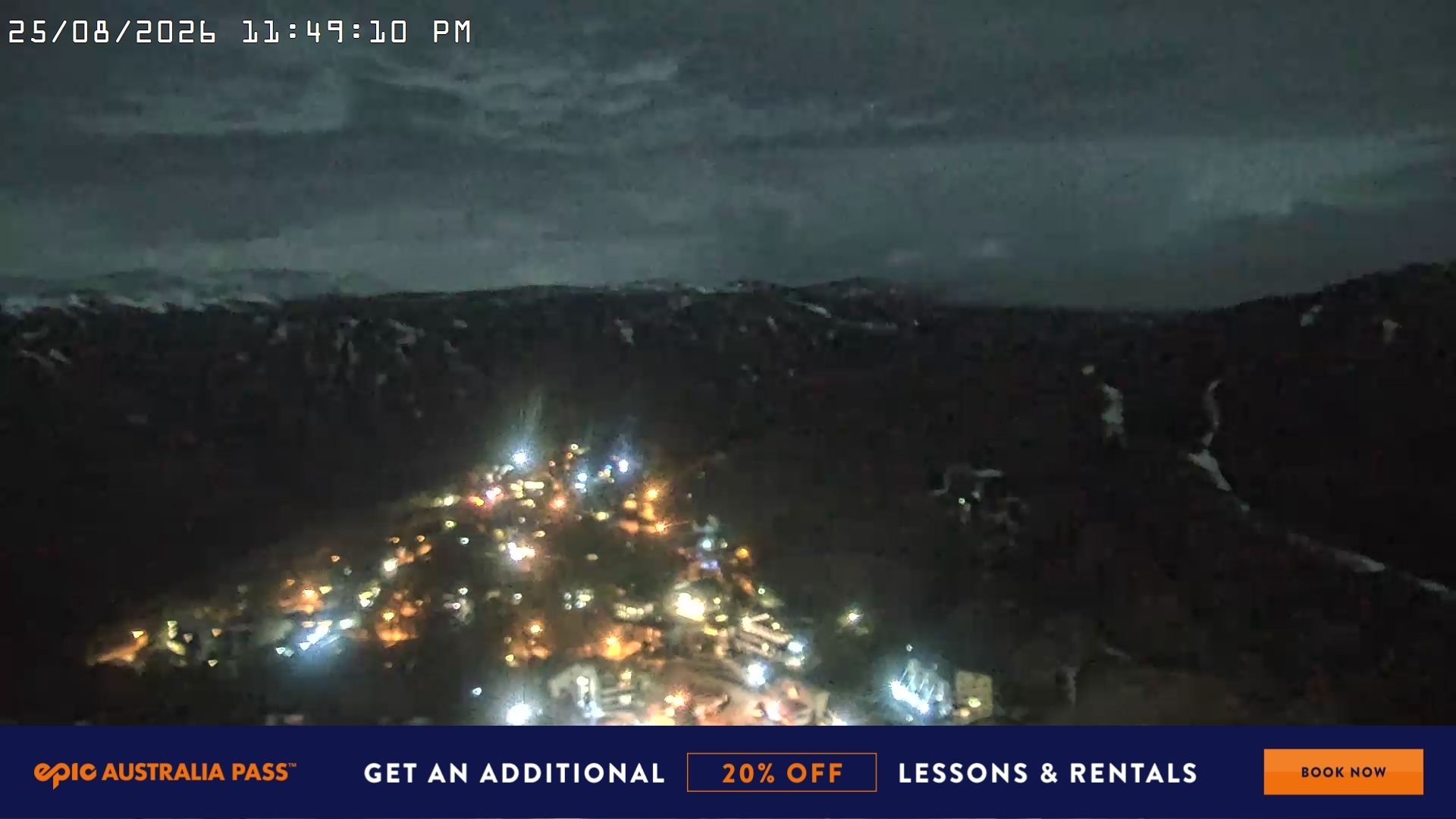Falls Creek Village View snow cam captured at 25 August 2026 at 11:56 pm AEST