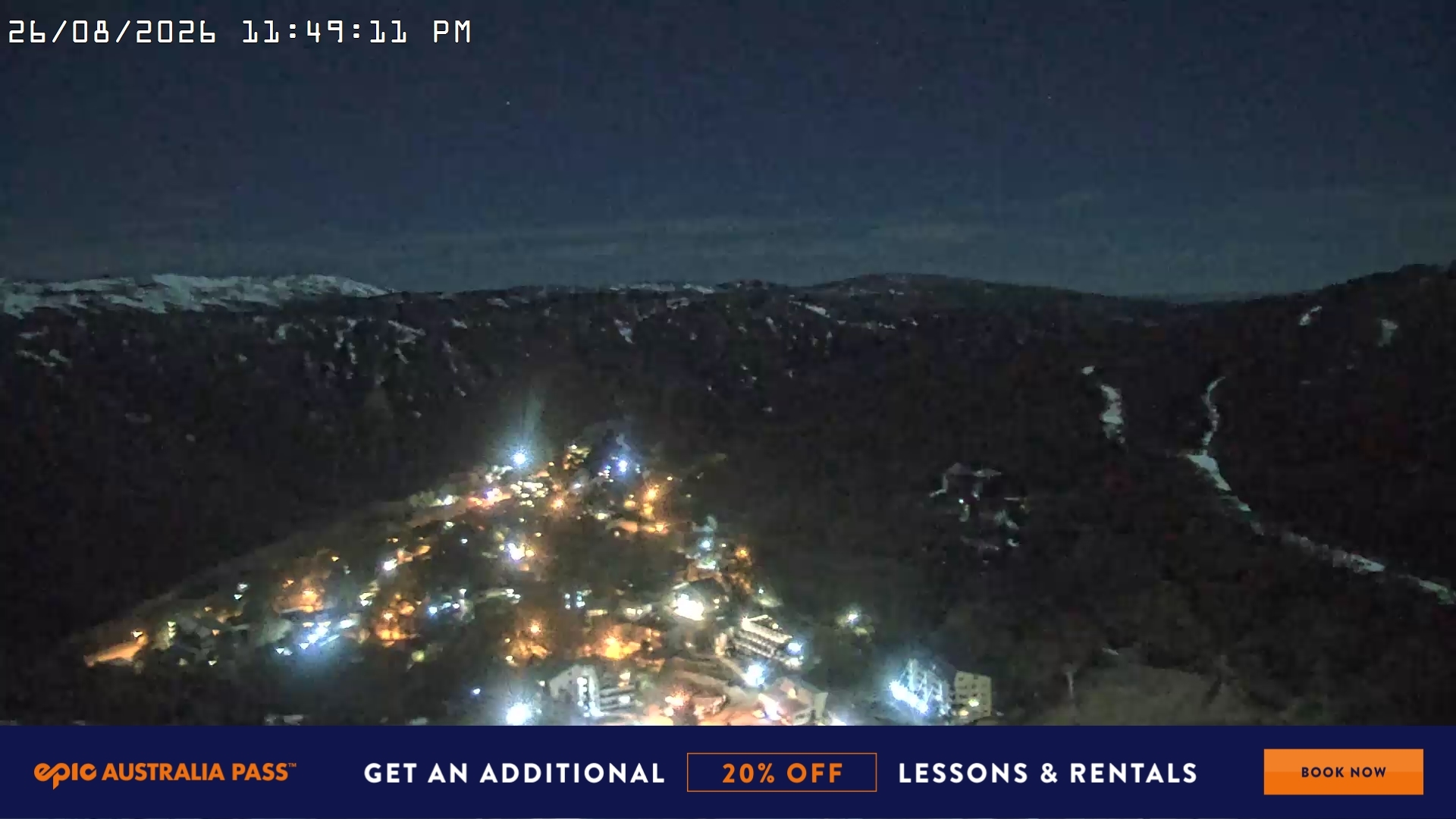 Falls Creek Village View snow cam captured at 26 August 2026 at 11:58 pm AEST