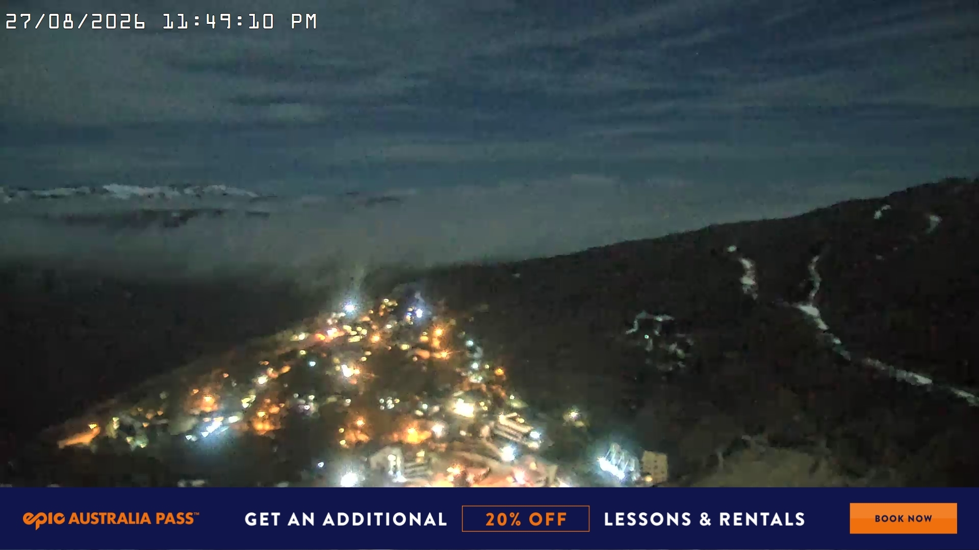 Falls Creek Village View snow cam captured at 27 August 2026 at 11:59 pm AEST