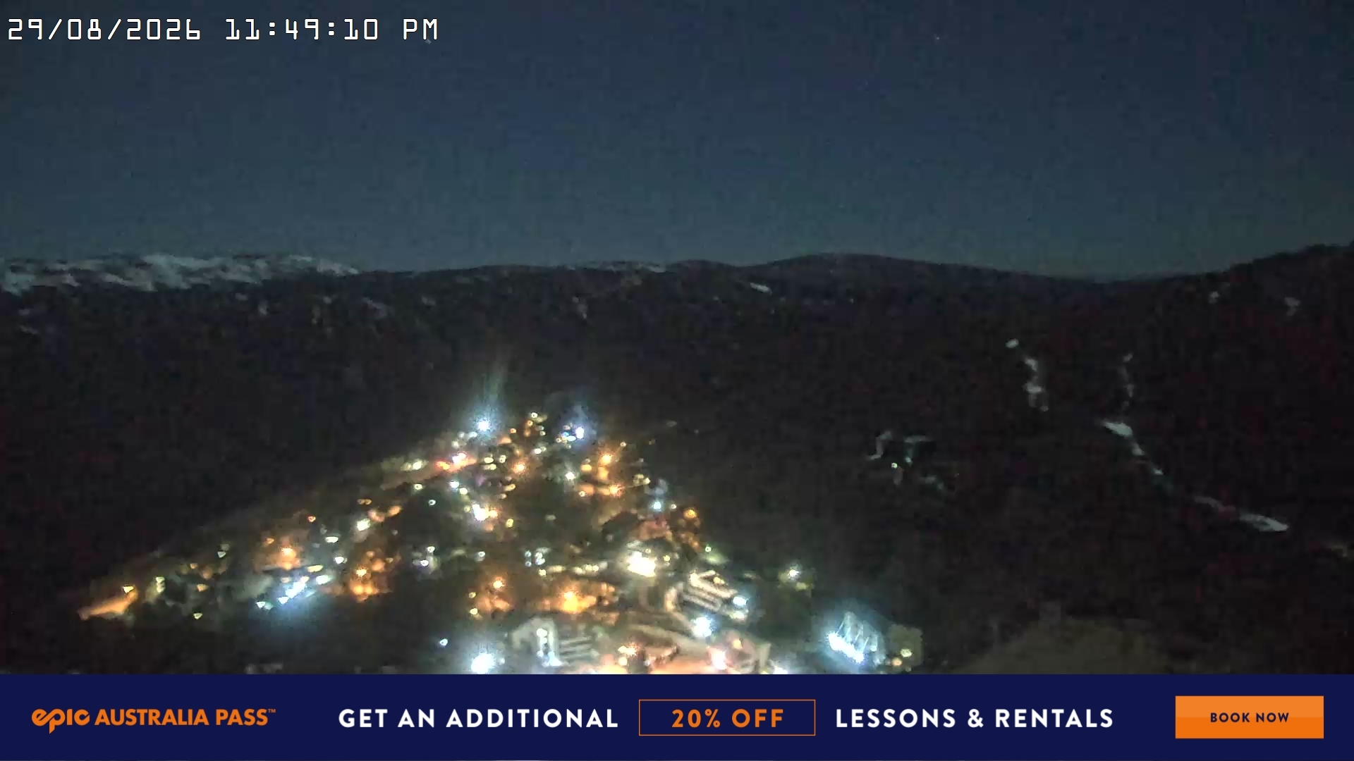 Falls Creek Village View snow cam captured at 29 August 2026 at 11:50 pm AEST