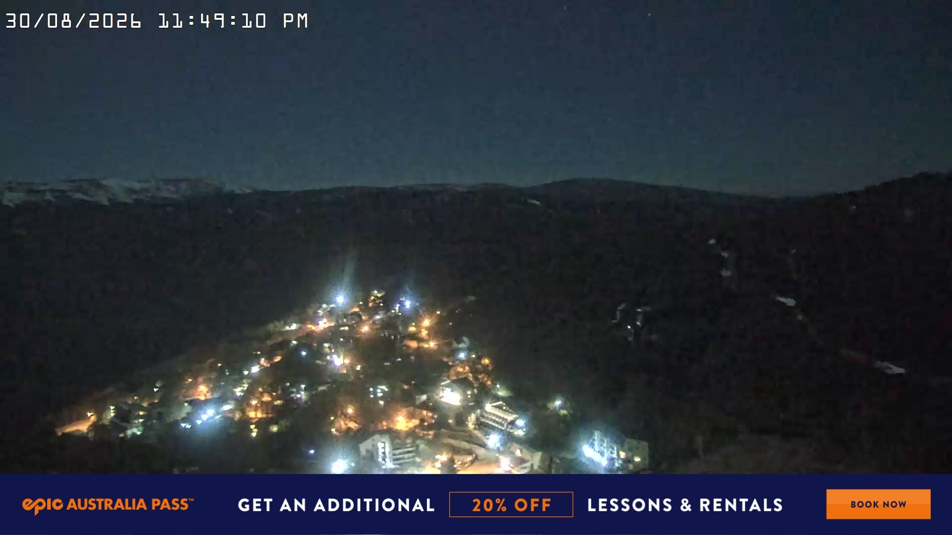 Falls Creek Village View snow cam captured at 30 August 2026 at 11:51 pm AEST