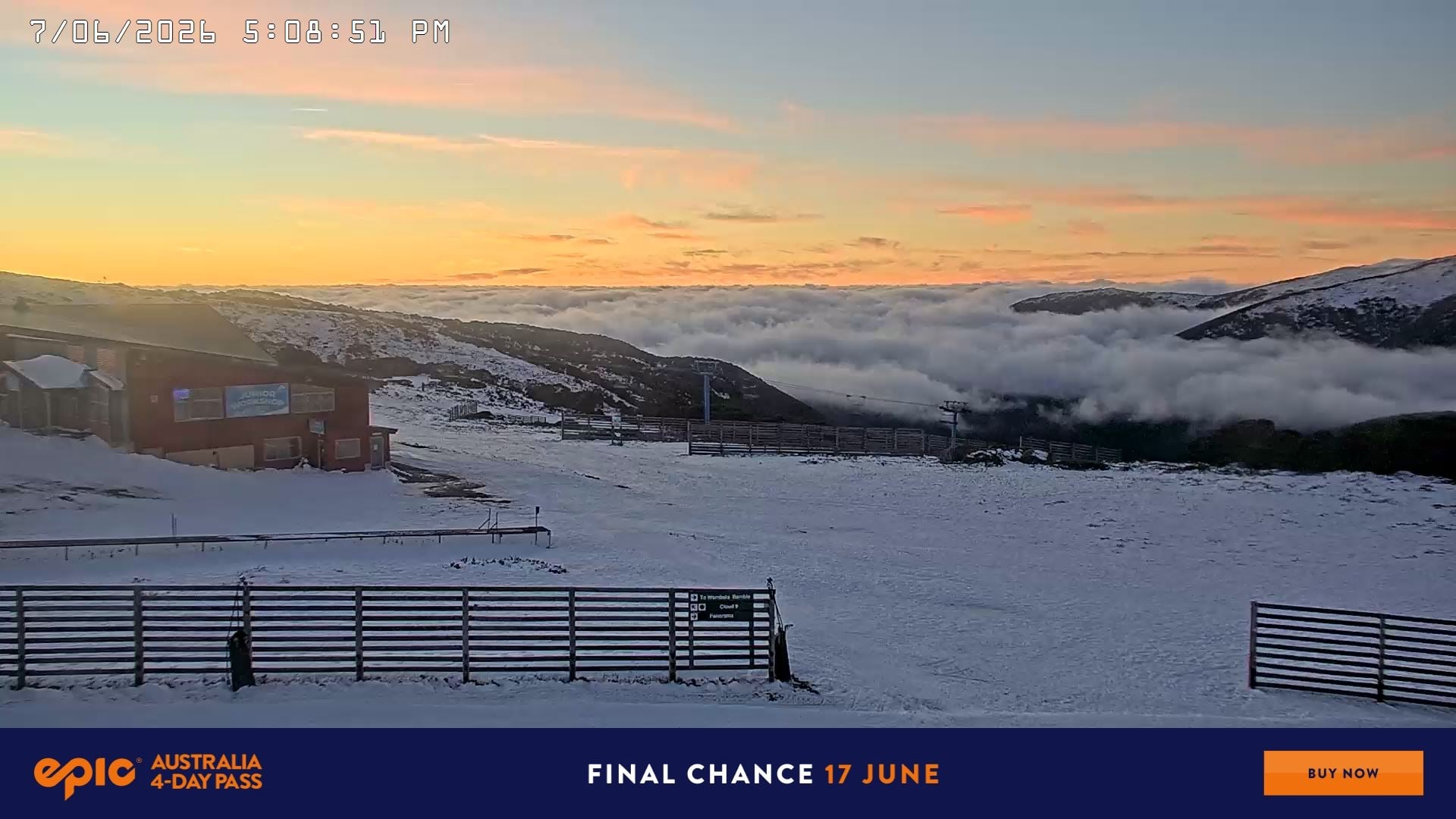 Falls Creek Cloud 9 snow cam captured at 7 June 2026 at 11:05 pm AEST