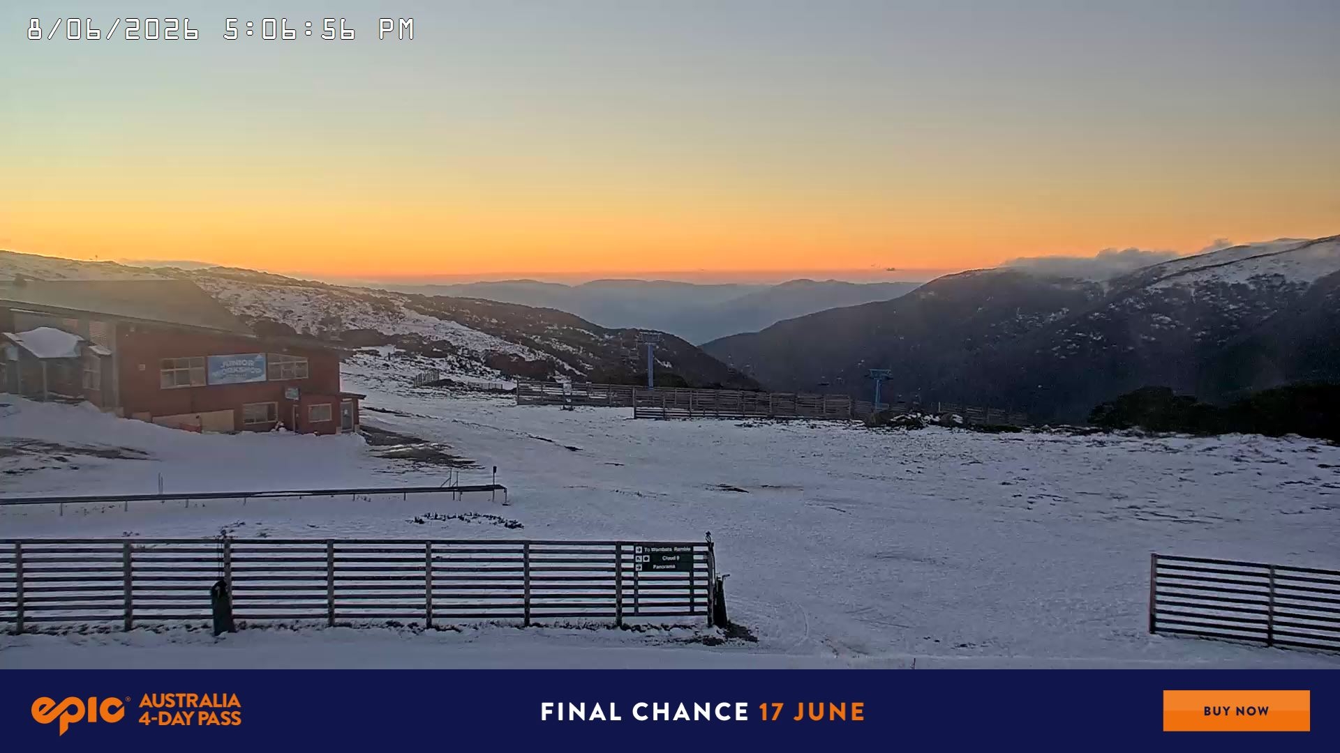Falls Creek Cloud 9 snow cam captured at 8 June 2026 at 6:22 pm AEST