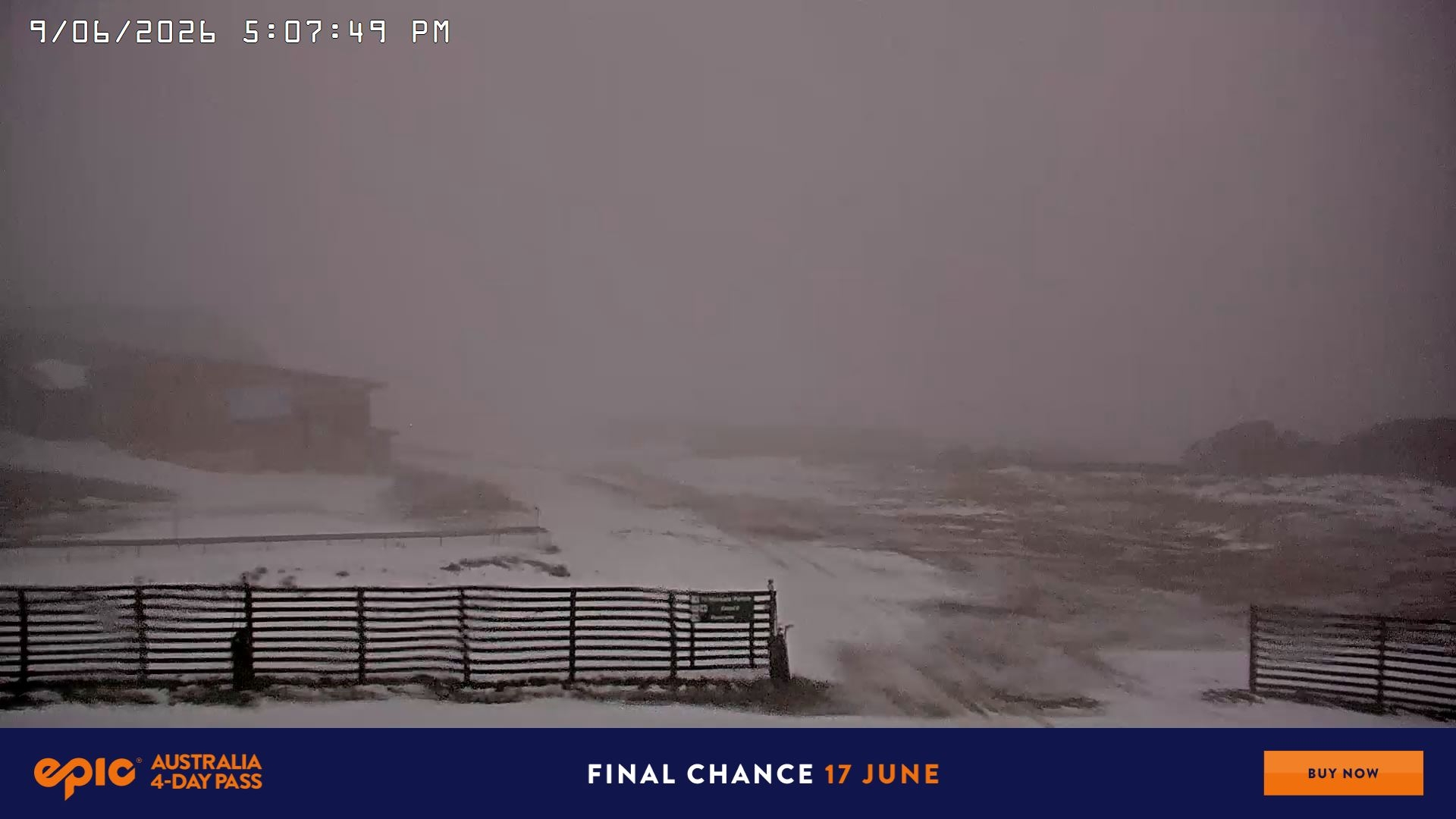 Falls Creek Cloud 9 snow cam captured at 9 June 2026 at 5:14 pm AEST