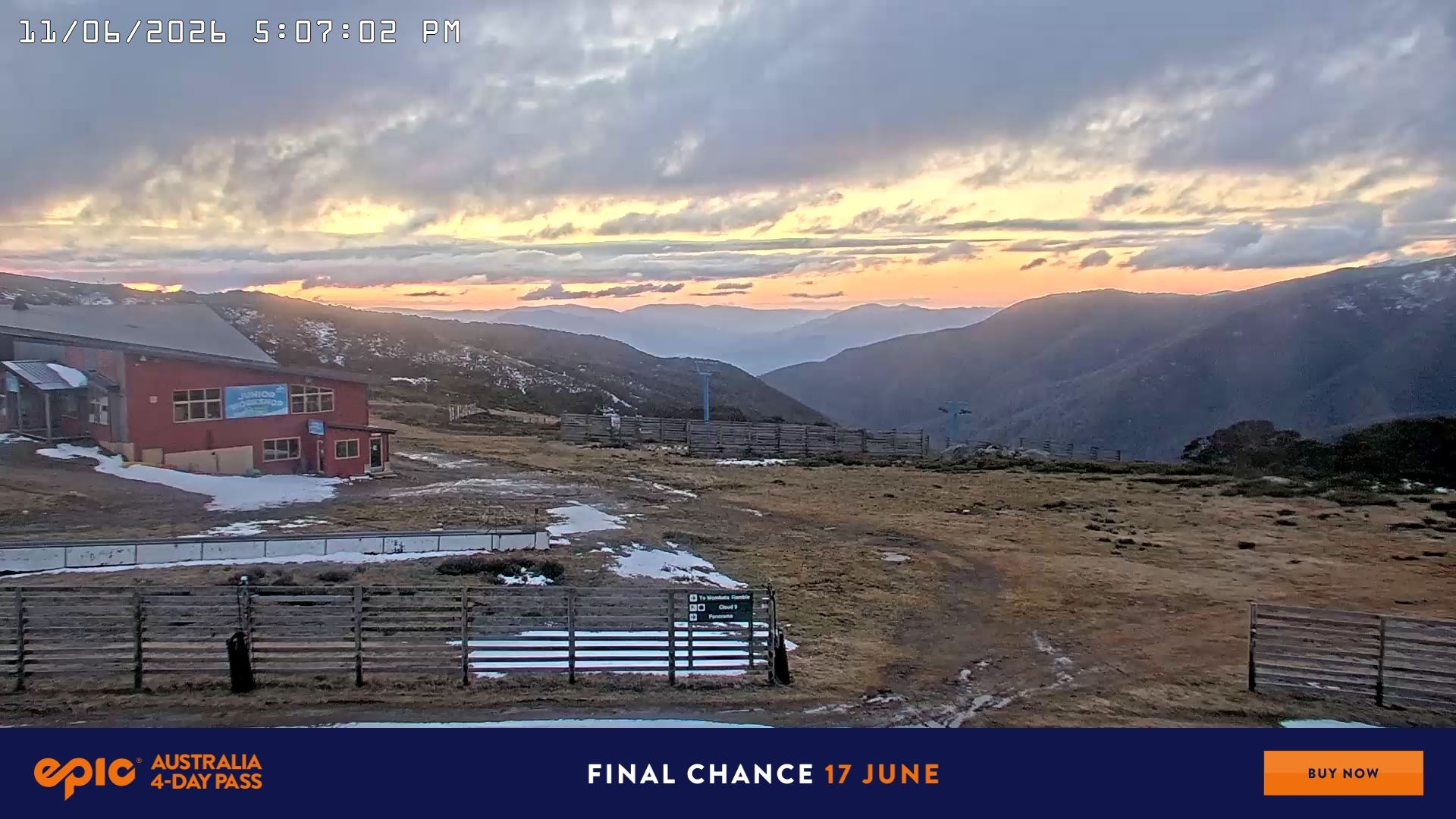 Falls Creek Cloud 9 snow cam captured at 11 June 2026 at 5:14 pm AEST