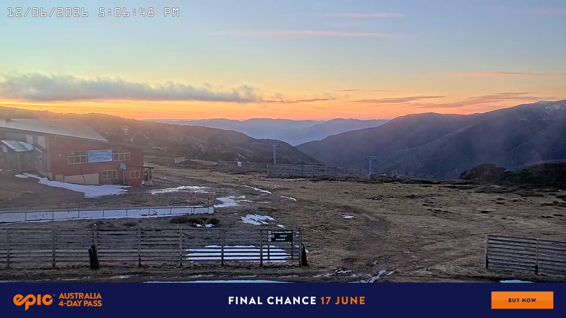 Falls Creek Cloud 9 snow cam captured at 12 June 2026 at 5:14 pm AEST