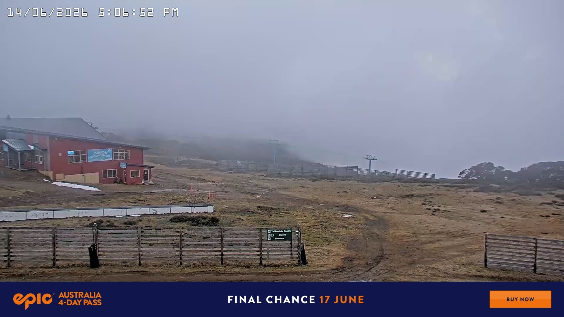 Falls Creek Cloud 9 snow cam captured at 14 June 2026 at 5:15 pm AEST