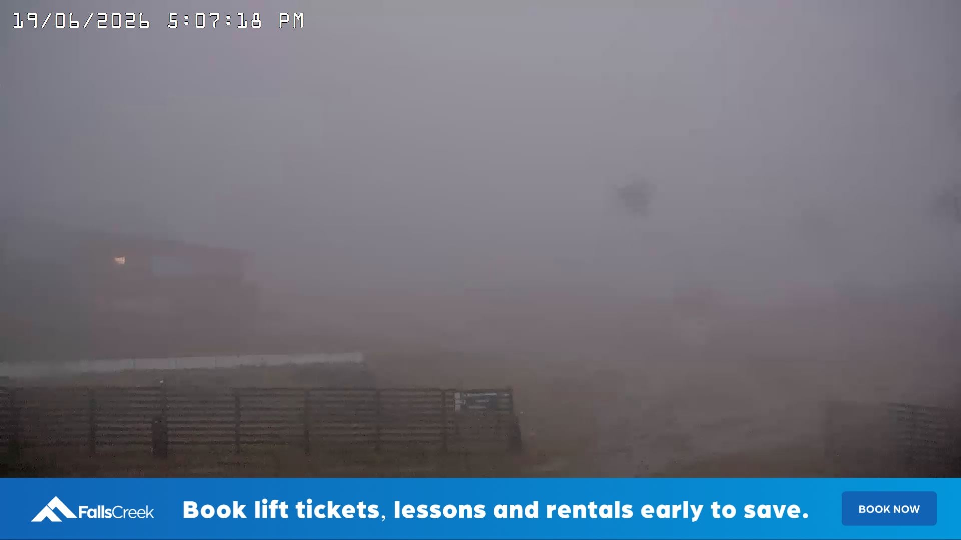 Falls Creek Cloud 9 snow cam captured at 19 June 2026 at 5:13 pm AEST