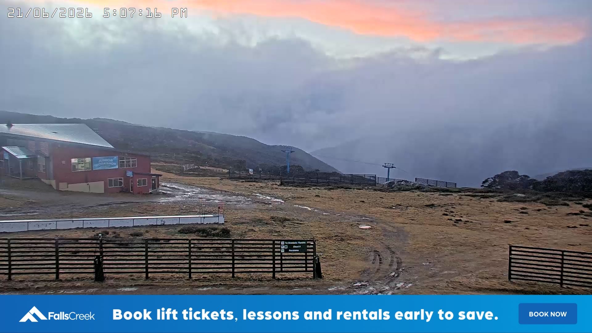 Falls Creek Cloud 9 snow cam captured at 21 June 2026 at 5:10 pm AEST
