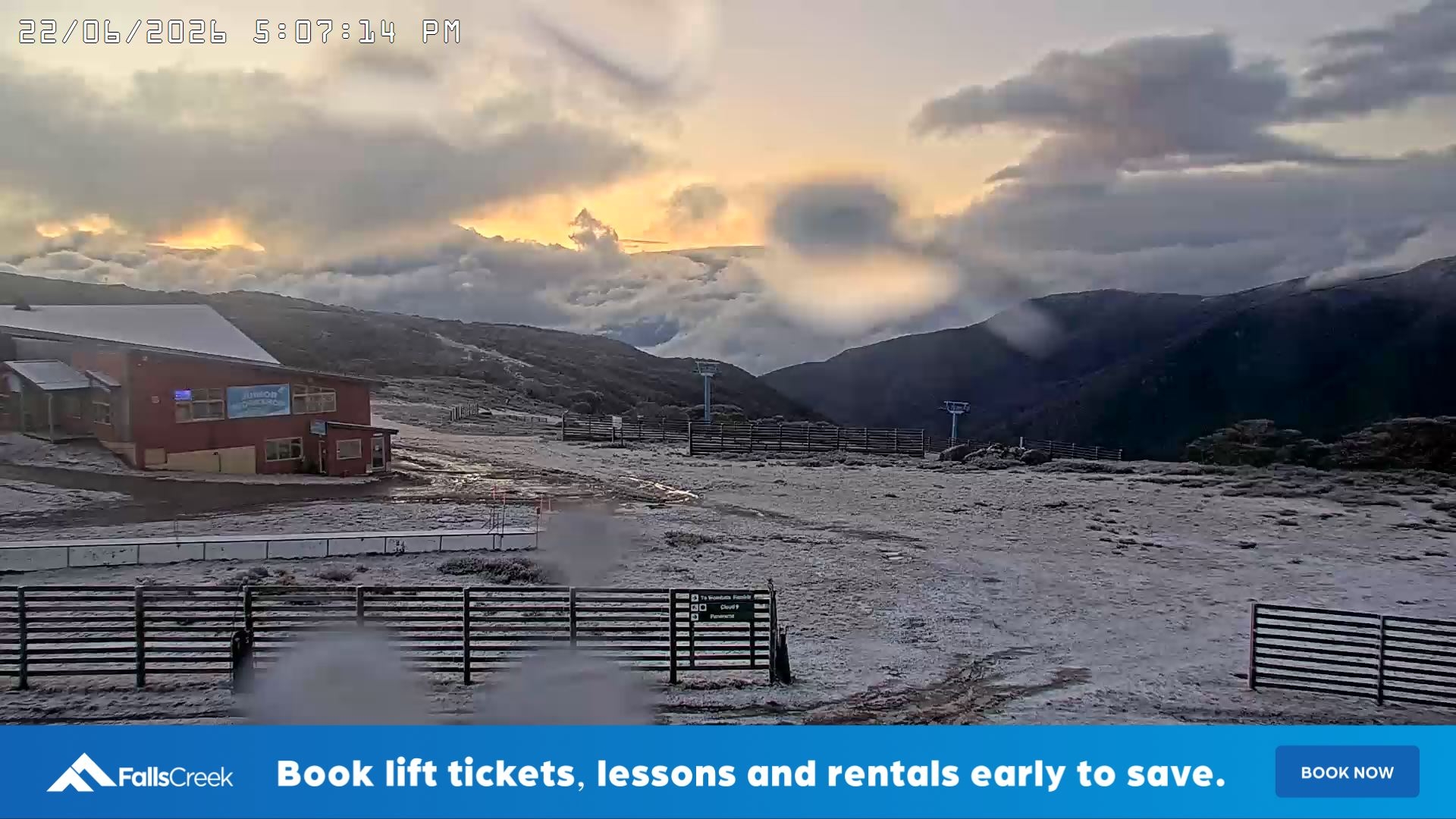Falls Creek Cloud 9 snow cam captured at 22 June 2026 at 5:10 pm AEST