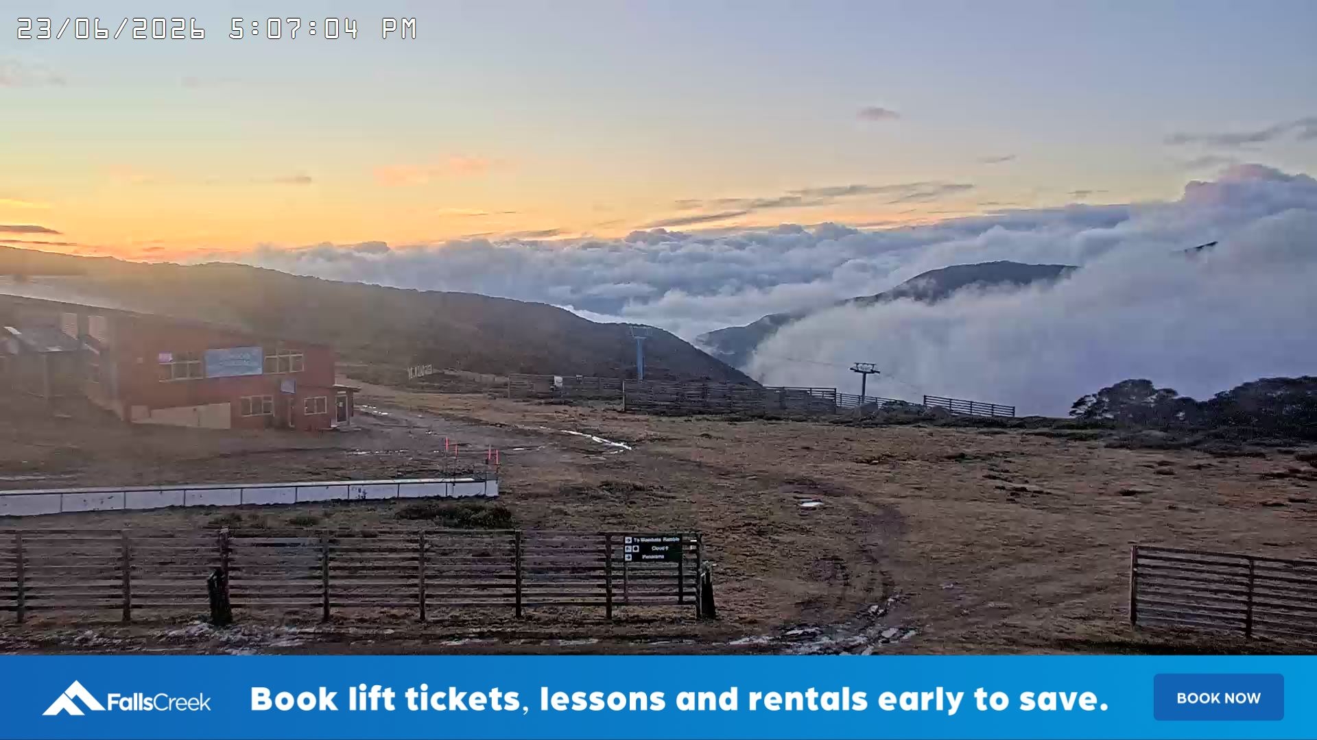 Falls Creek Cloud 9 snow cam captured at 23 June 2026 at 5:10 pm AEST