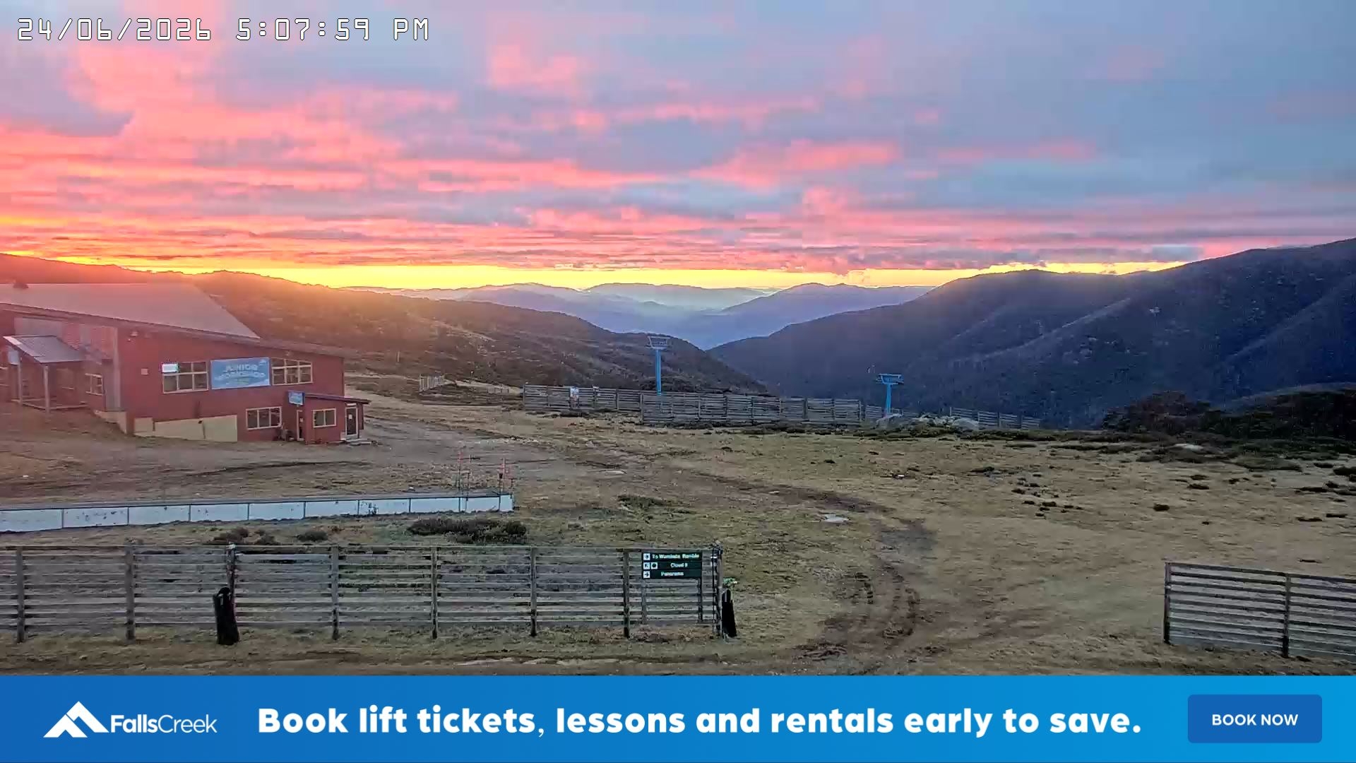 Falls Creek Cloud 9 snow cam captured at 24 June 2026 at 5:10 pm AEST